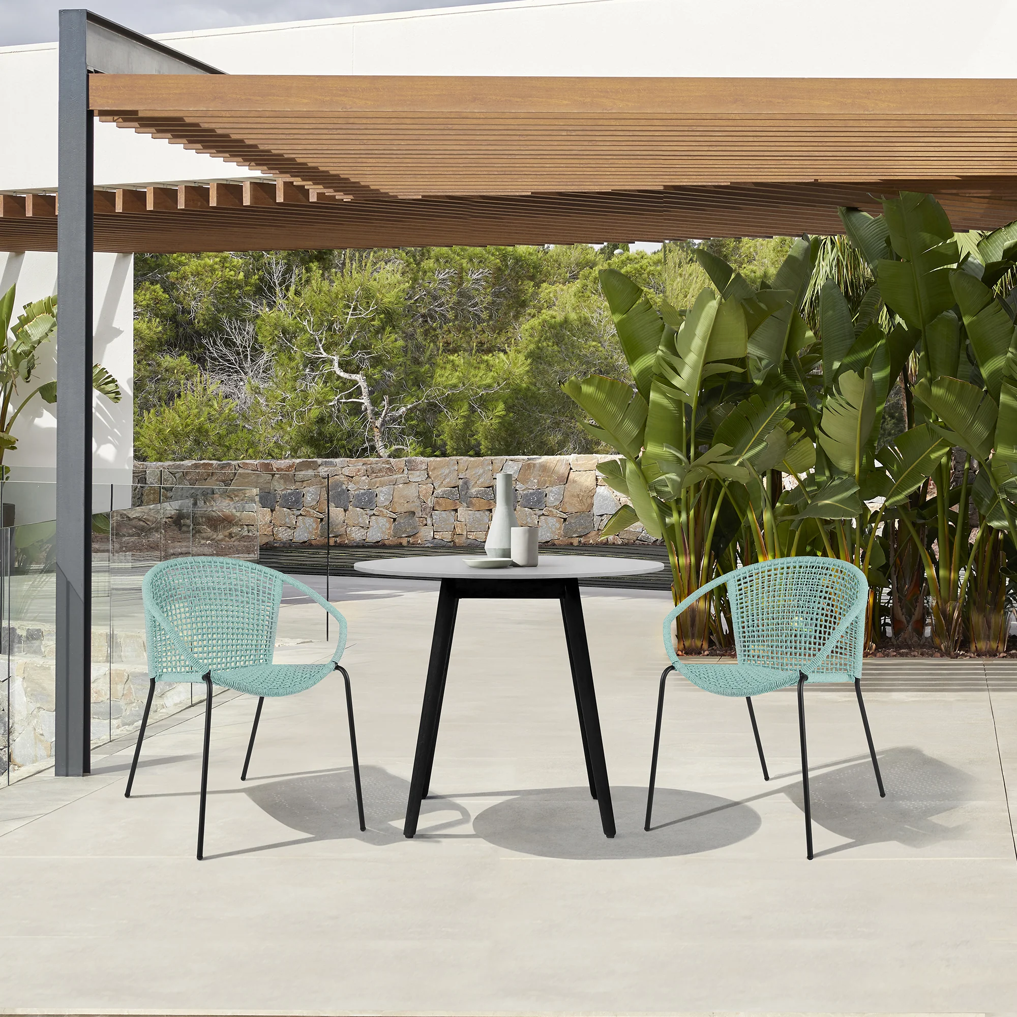 Sydney and Snack 3 Piece Outdoor Patio 36" Dining Set in Black Eucalyptus Wood and Black Rope By Armen Living - Image 11