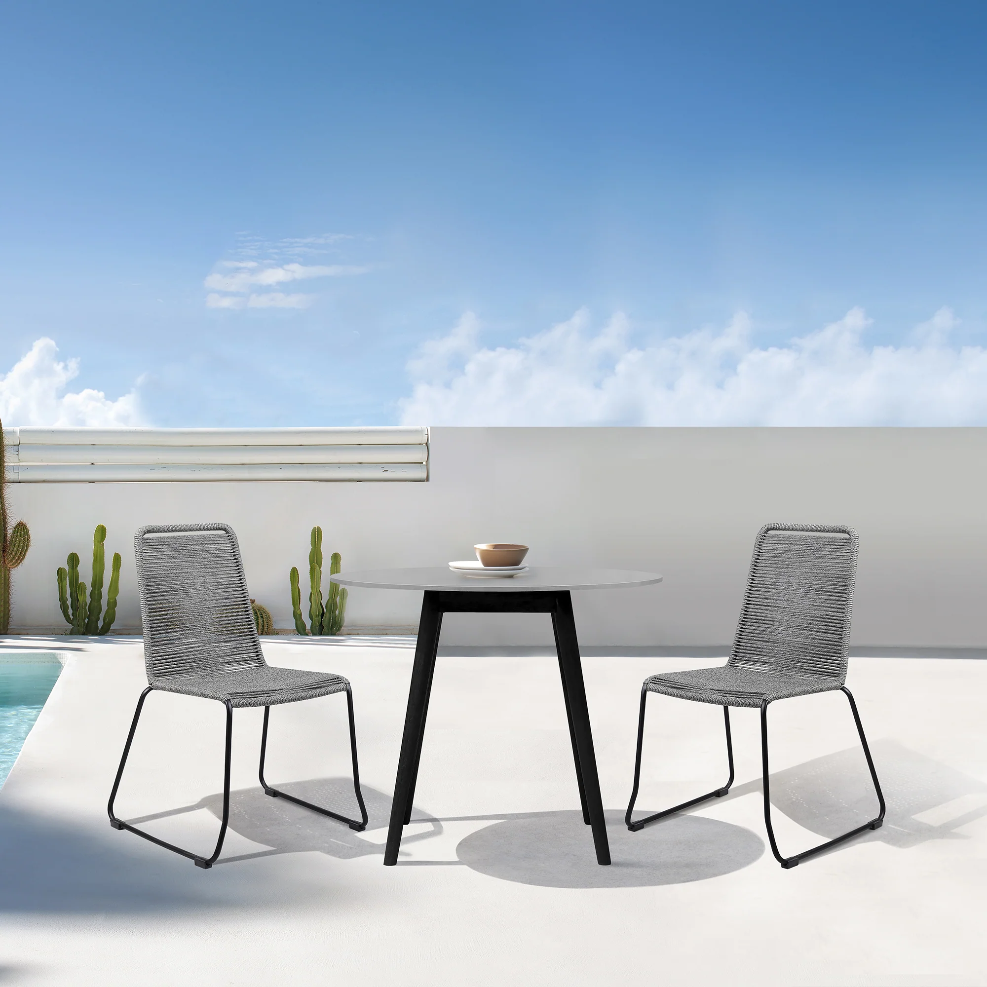 Sydney Outdoor Patio Round 36" Dining Table in Black Eucalyptus and Grey Stone By Armen Living - Image 3