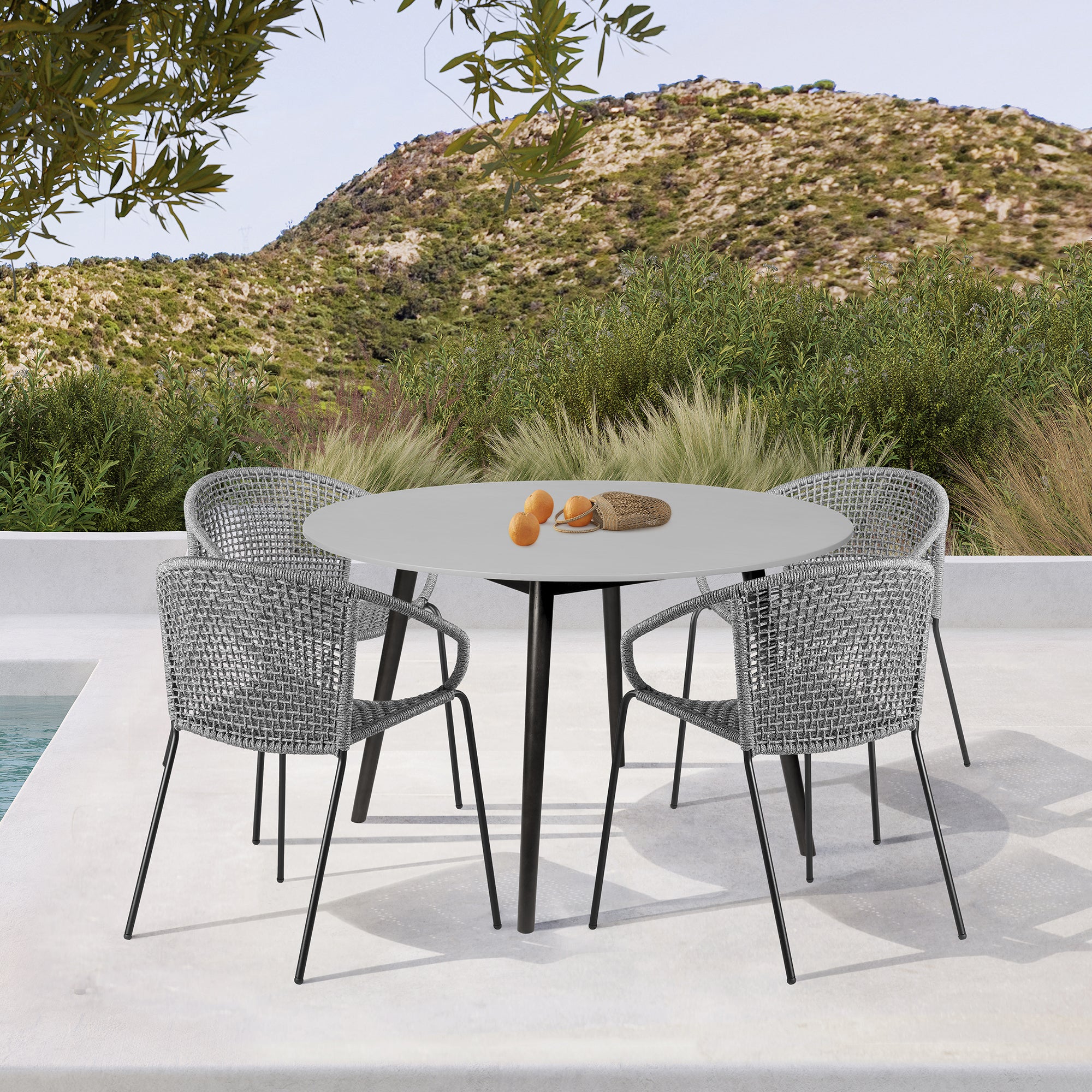 Sydney Outdoor Patio Round Dining Table in Black Eucalyptus and Grey Stone By Armen Living - Image 3
