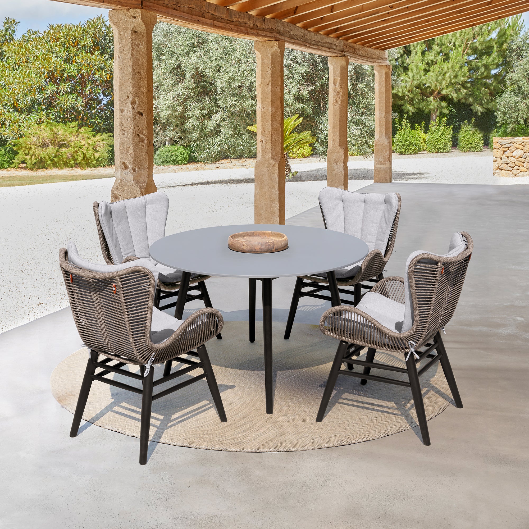 Sydney Outdoor Patio Round Dining Table in Dark Eucalyptus and Grey Stone By Armen Living - Image 3