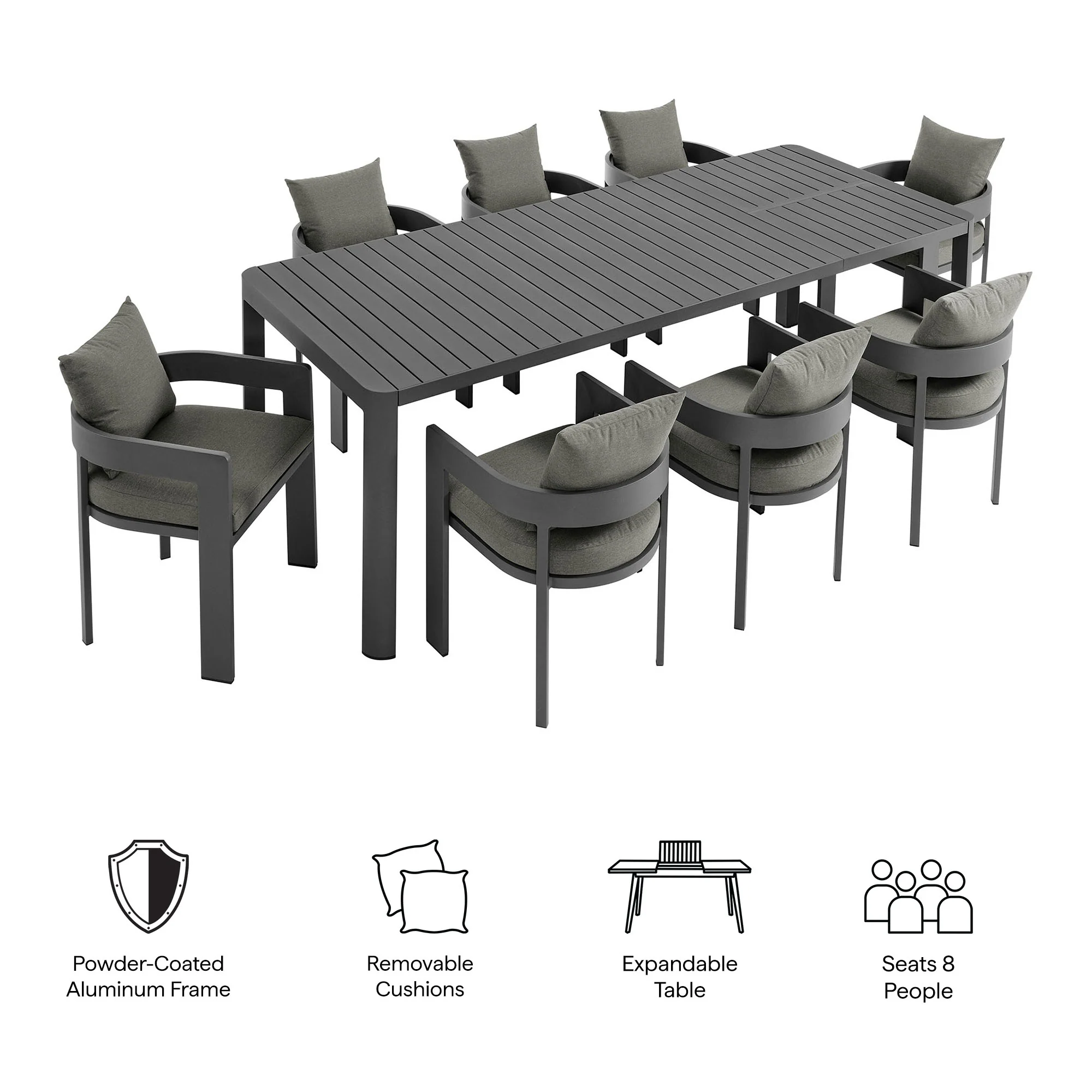 Tahoe 9-Piece Outdoor Patio Aluminum Dining Set With Extendable Table by Modway - Image 5