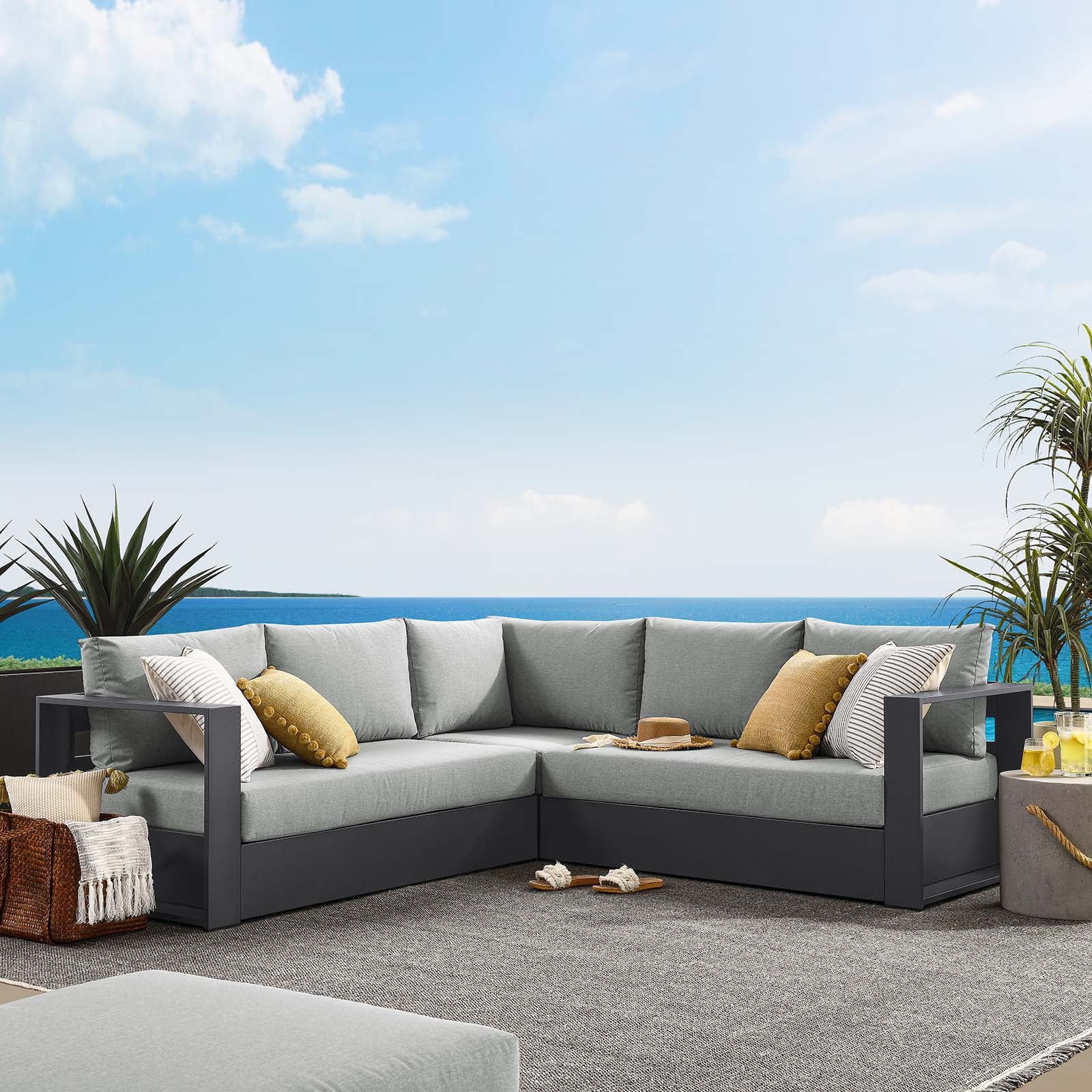 Tahoe Outdoor Patio Powder-Coated Aluminum 3-Piece Sectional Sofa Set By Modway - EEI-6668 - Image 16
