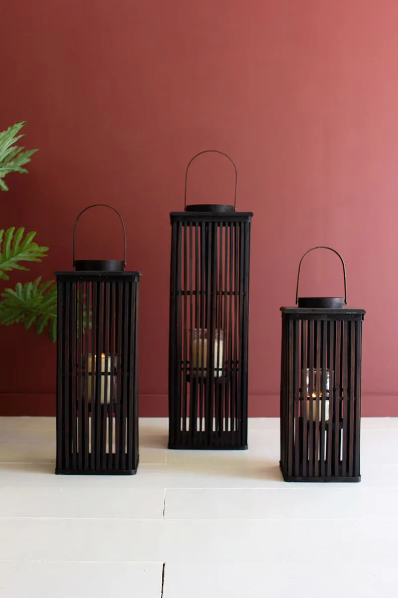 Tall Brown Rectangle Bamboo Lantern - W Glass Insert Large By Kalalou - Image 2
