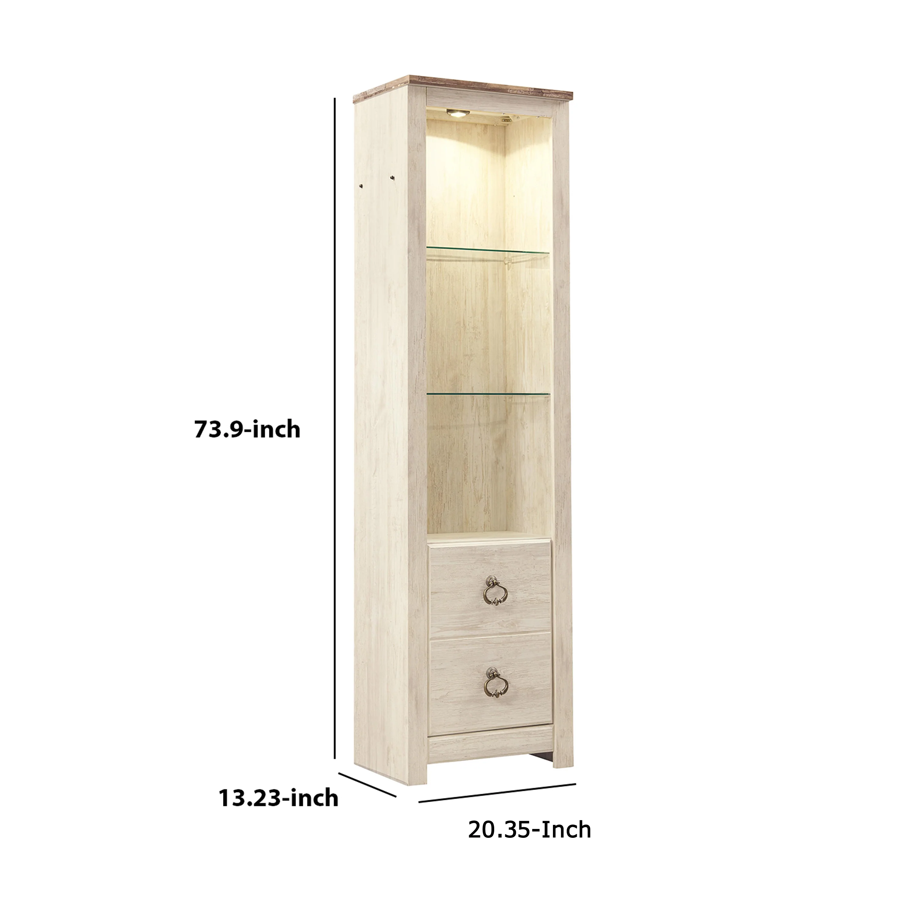Tall Pier with 1 Door Cabinet and 2 Adjustable Glass Shelves, Antique White By Benzara - Image 2