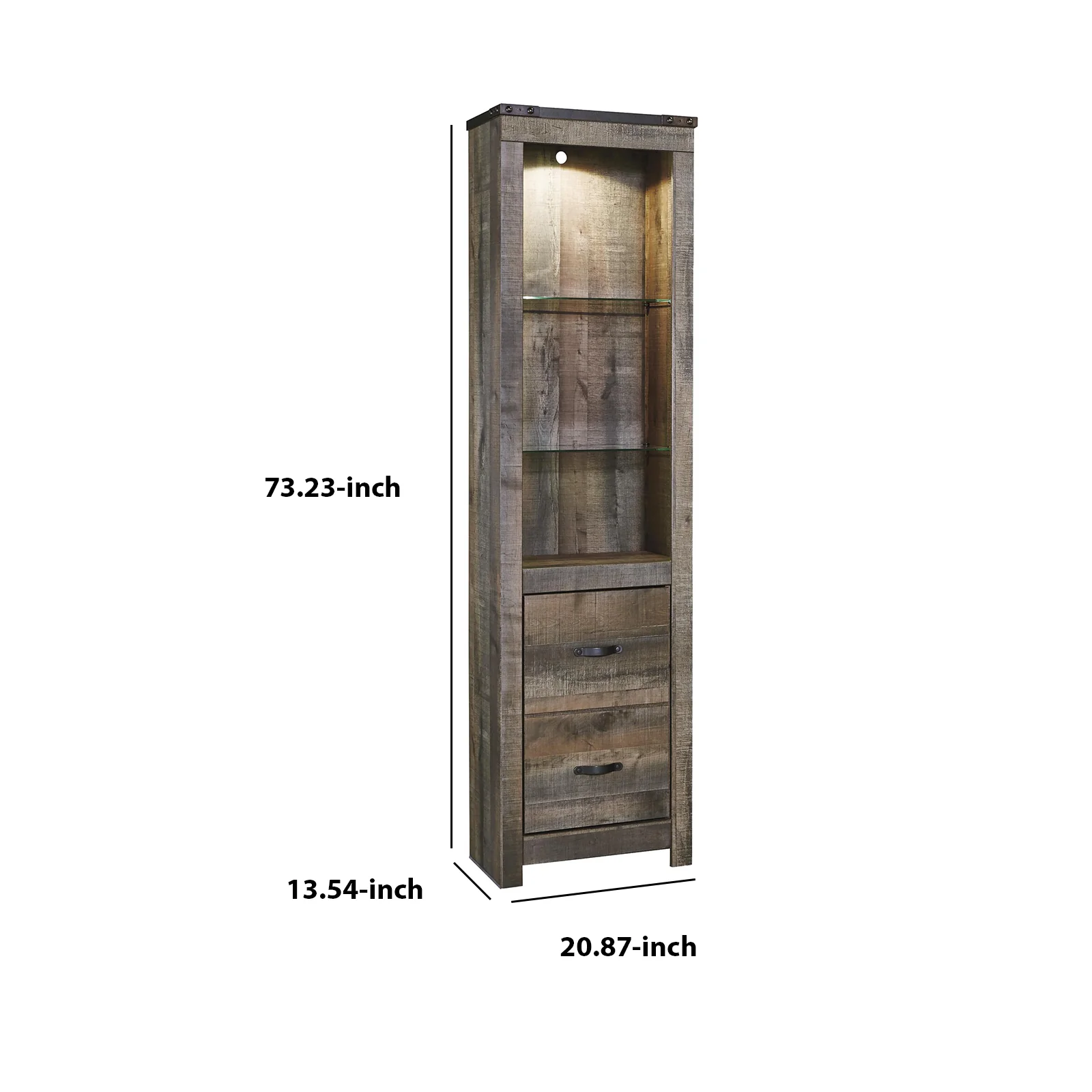 Tall Wooden Pier with 1 Door Cabinet and 2 Adjustable Glass Shelves, Brown By Benzara - Image 3