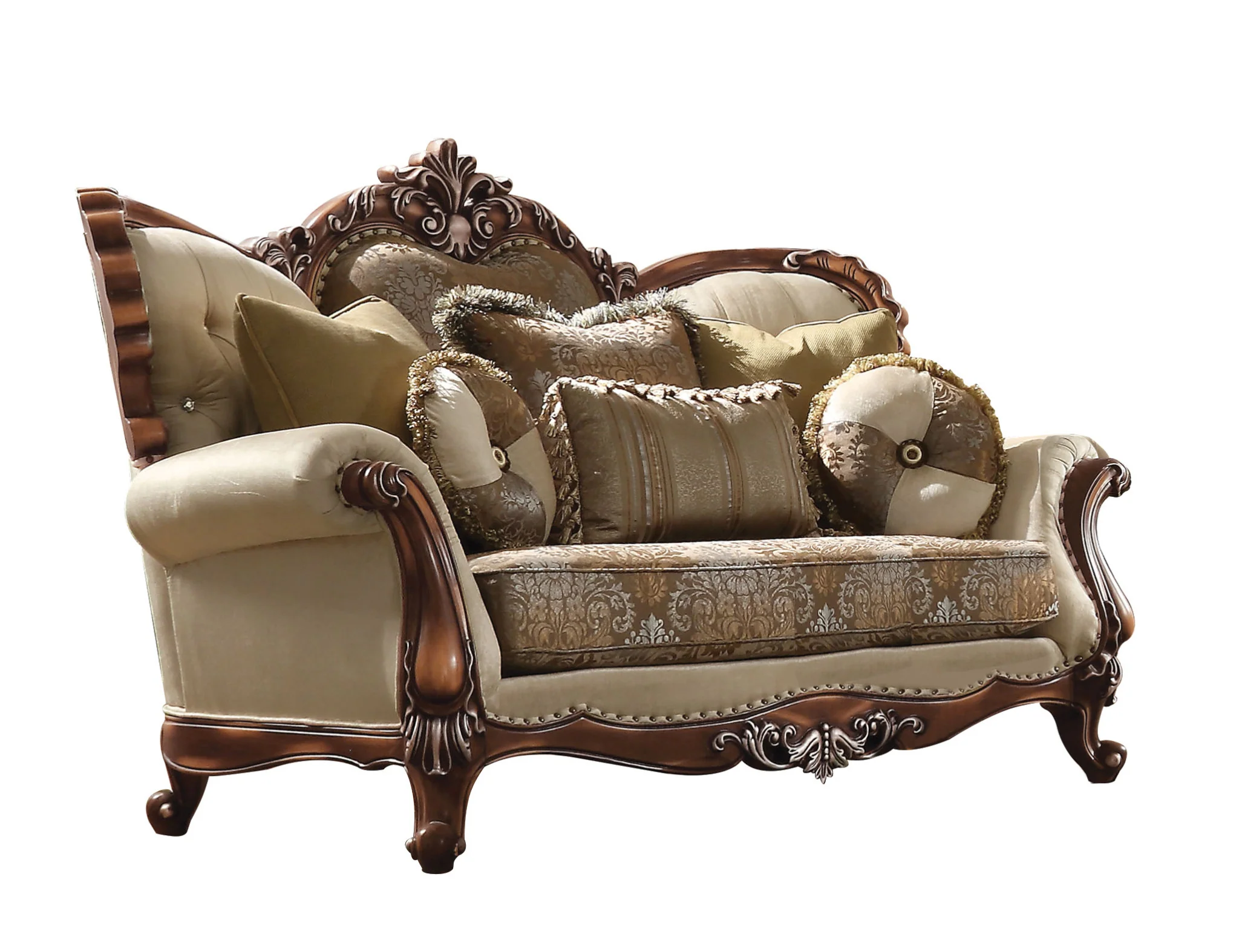 Tan And Brown Velvet Damask Curved Loveseat and Toss Pillows By Homeroots - Image 2