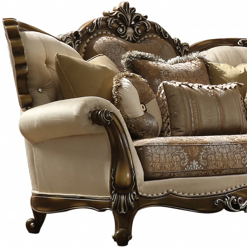 Tan And Brown Velvet Damask Curved Loveseat and Toss Pillows By Homeroots - Image 3