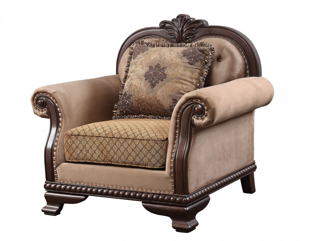 Tan and Espresso Fabric Tufted Arm Chair And Toss Pillow By Homeroots - Image 2