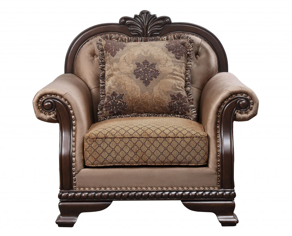 Tan and Espresso Fabric Tufted Arm Chair And Toss Pillow By Homeroots - Image 3