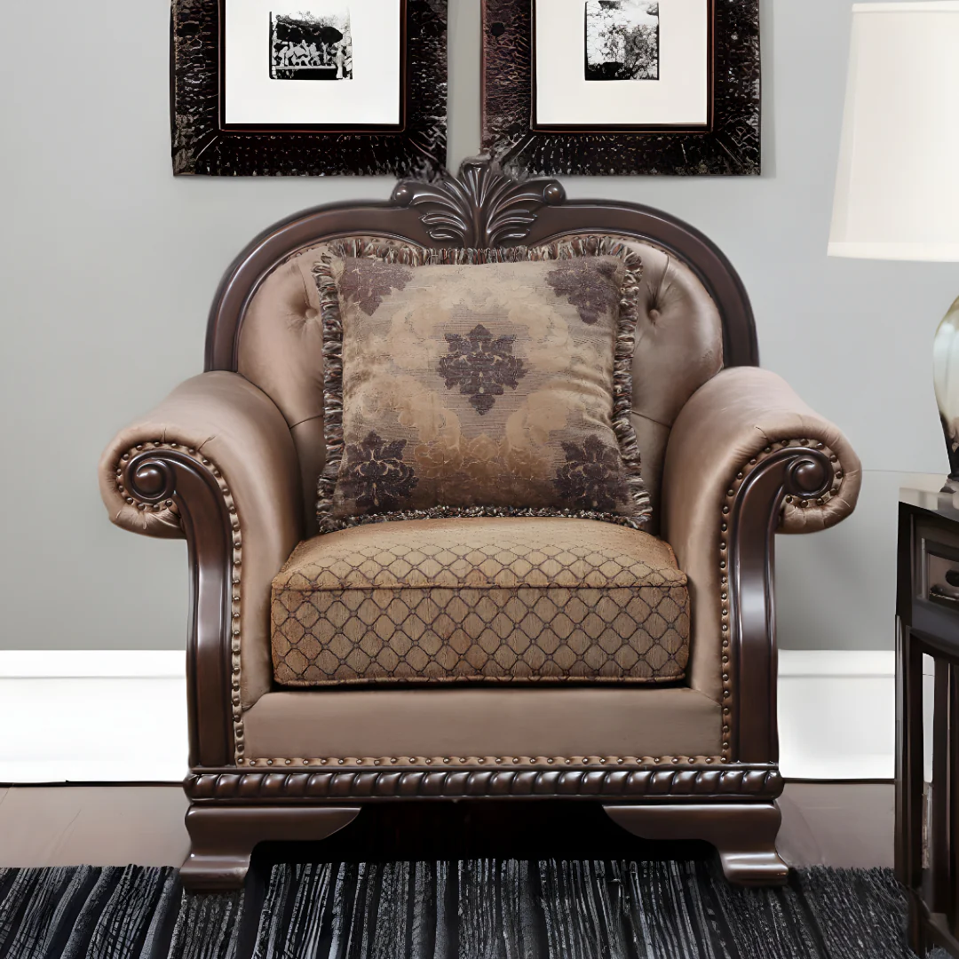 Tan and Espresso Fabric Tufted Arm Chair And Toss Pillow By Homeroots - Image 5
