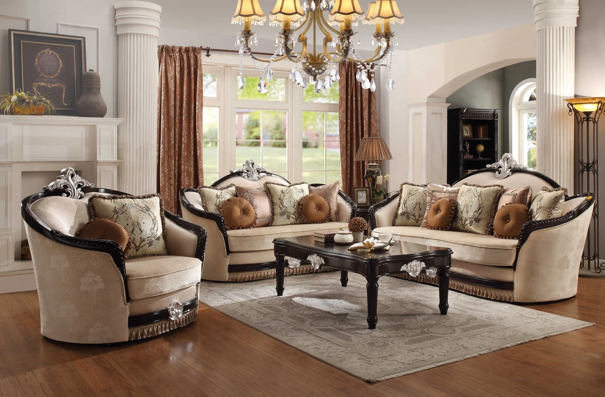 Tan Fabric Black Upholstery Wood Sofa w Pillows By Homeroots - Image 2