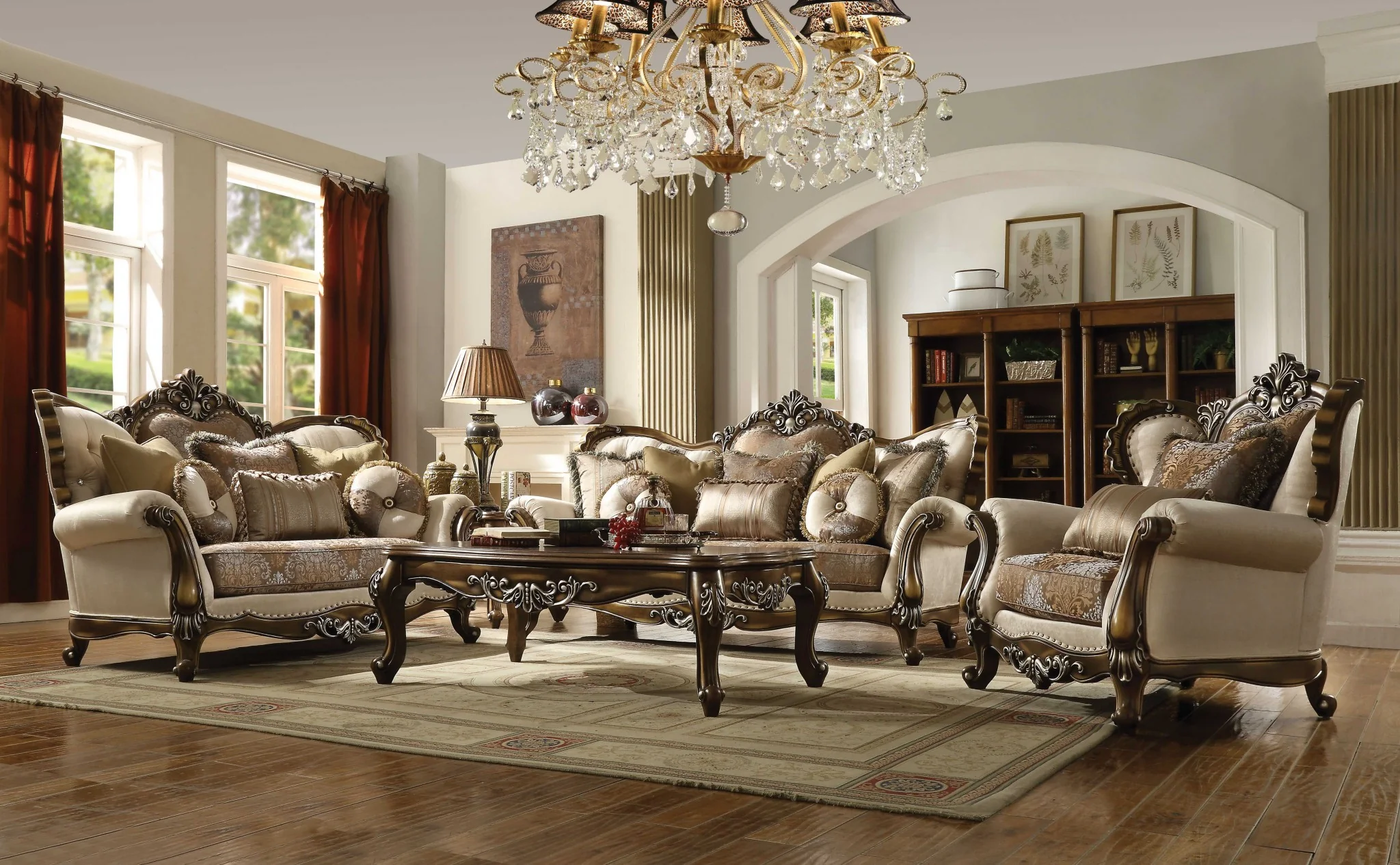 Tan Pattern Fabric Antique Oak Upholstery Wood Sofa w Pillows By Homeroots - Image 2