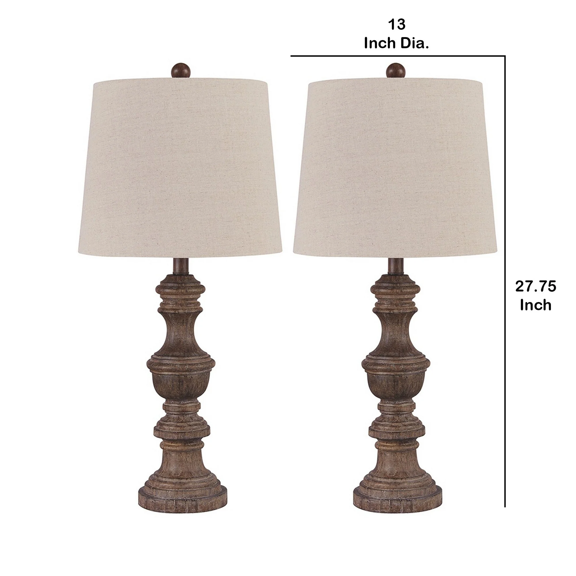 Tapered Fabric Shade Table Lamp With Turned Base Set Of 2 Gray And Brown By Benzara - Image 2