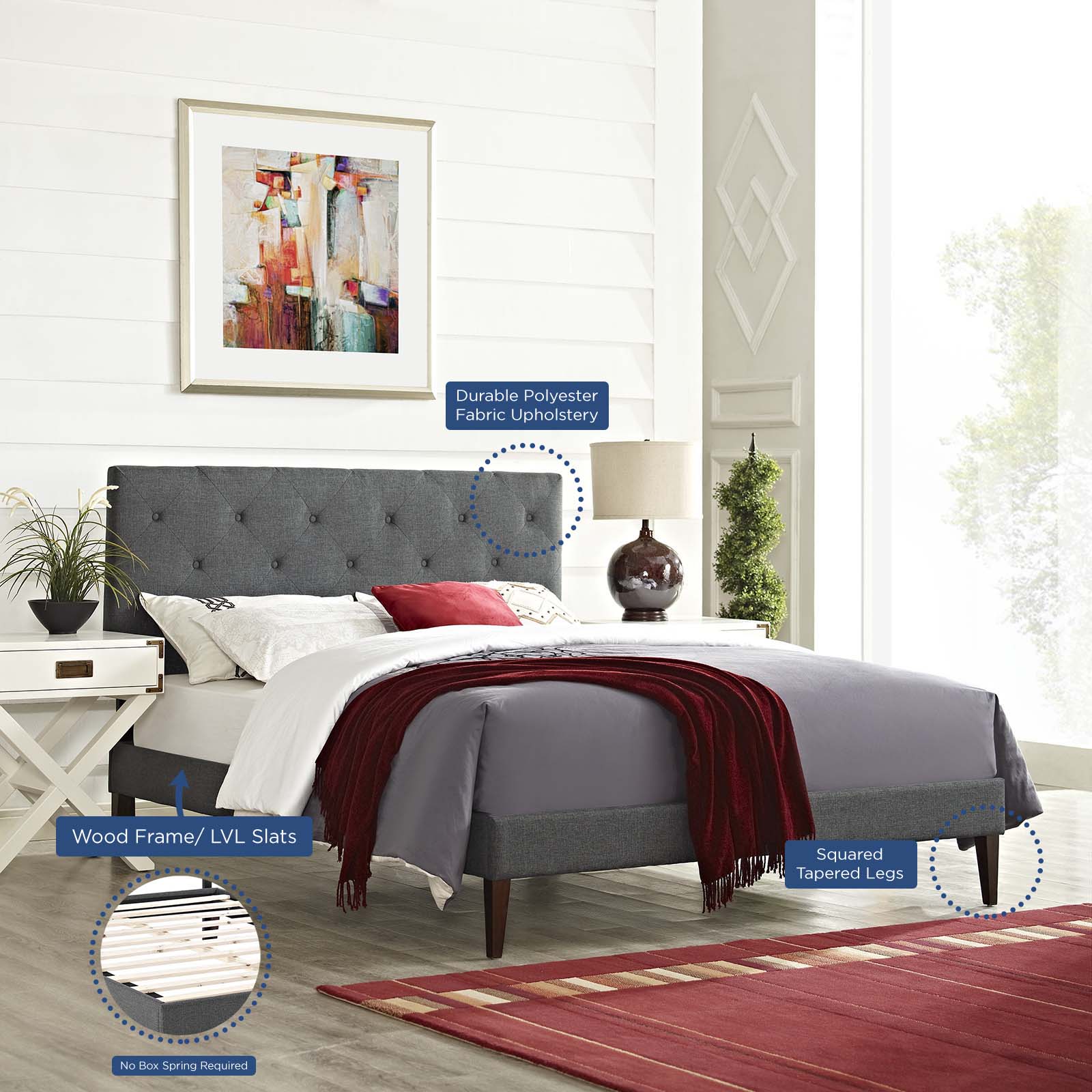 Tarah Queen Fabric Platform Bed with Squared Tapered Legs By Modway - MOD-5987 - Image 6