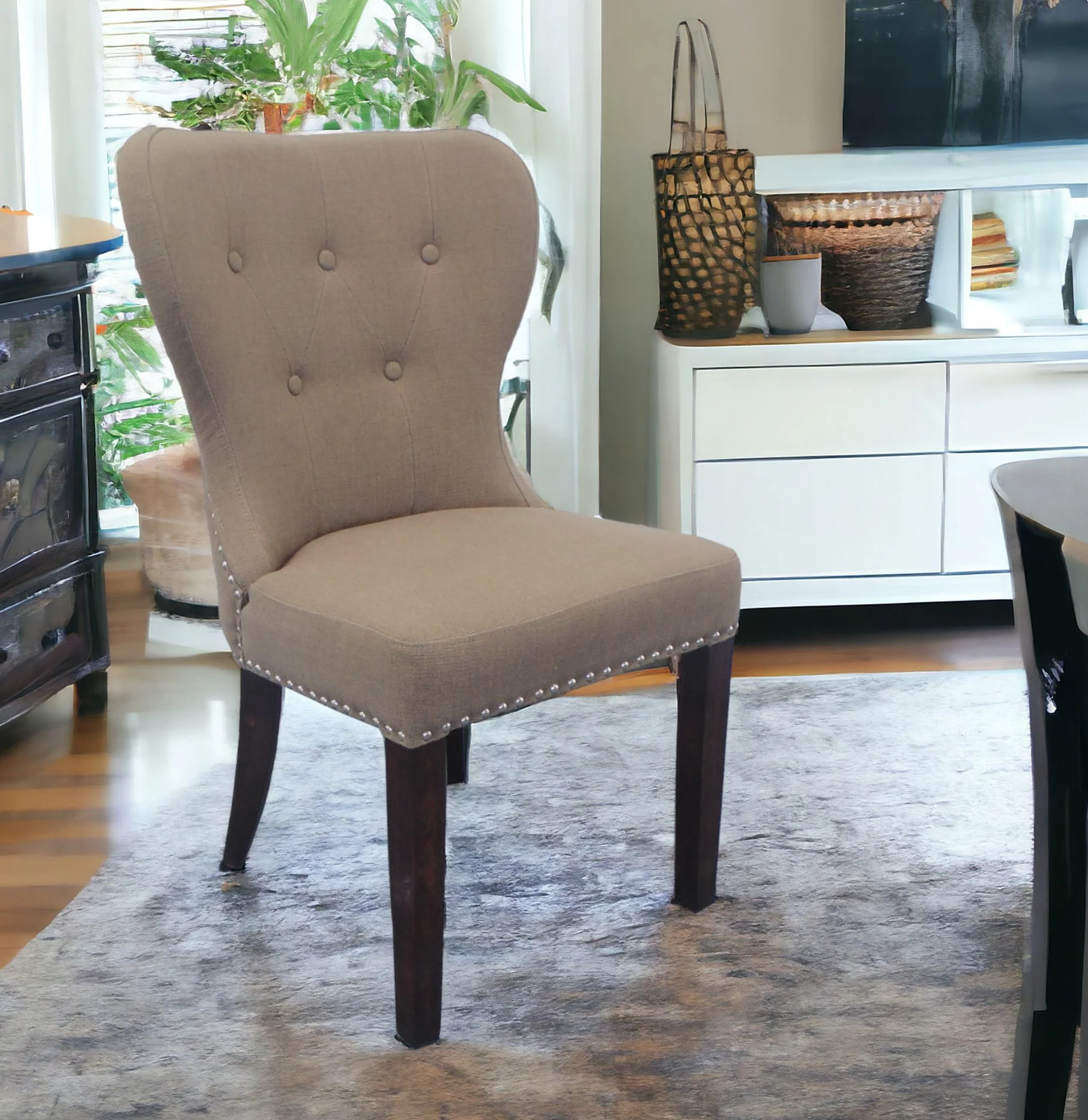 Taupe And Dark Brown Linen Tufted Side Chair By Homeroots - Image 5
