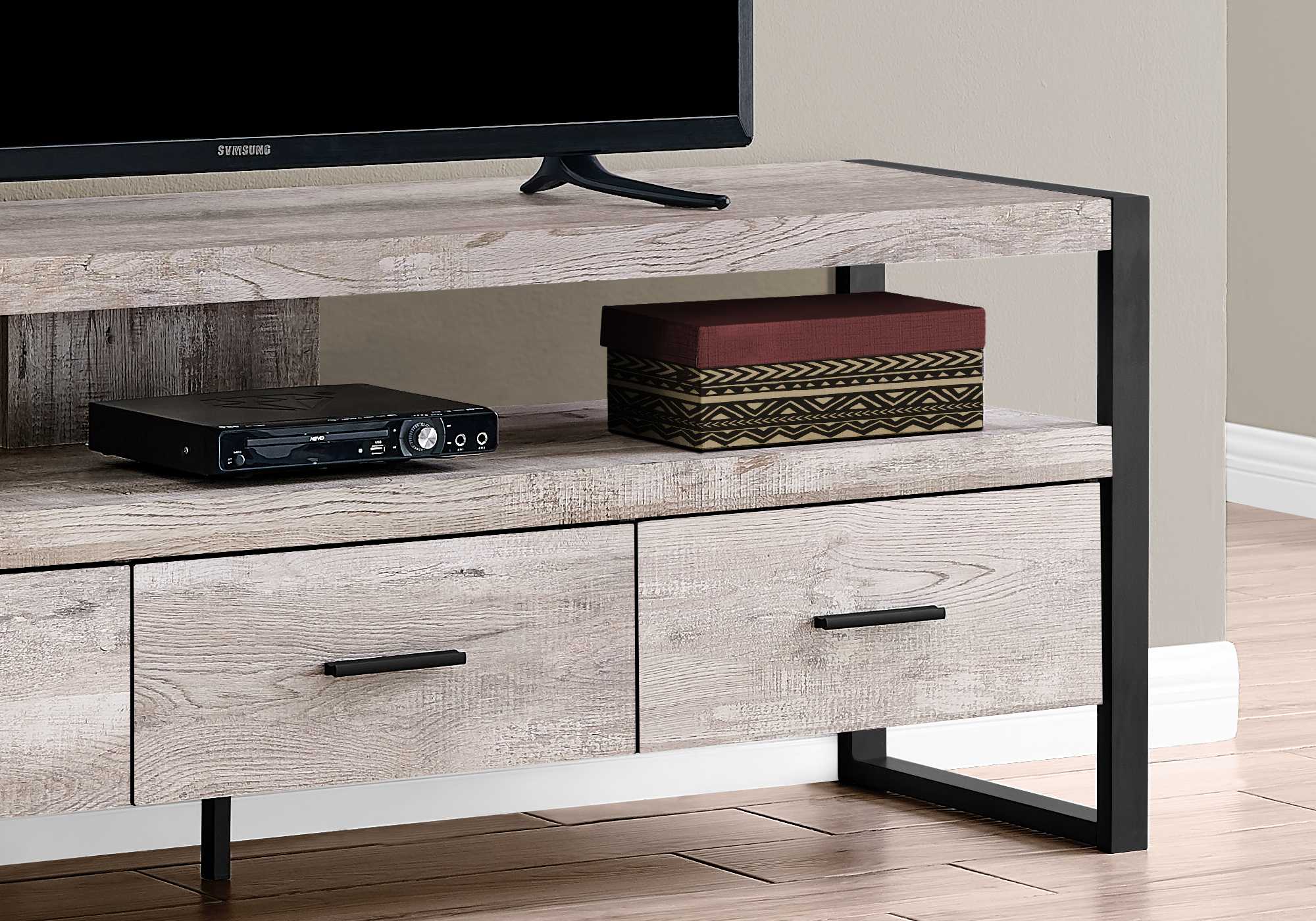 Taupe Black Particle Board Hollow Core Metal TV Stand with 3 Drawers By Homeroots - Image 2