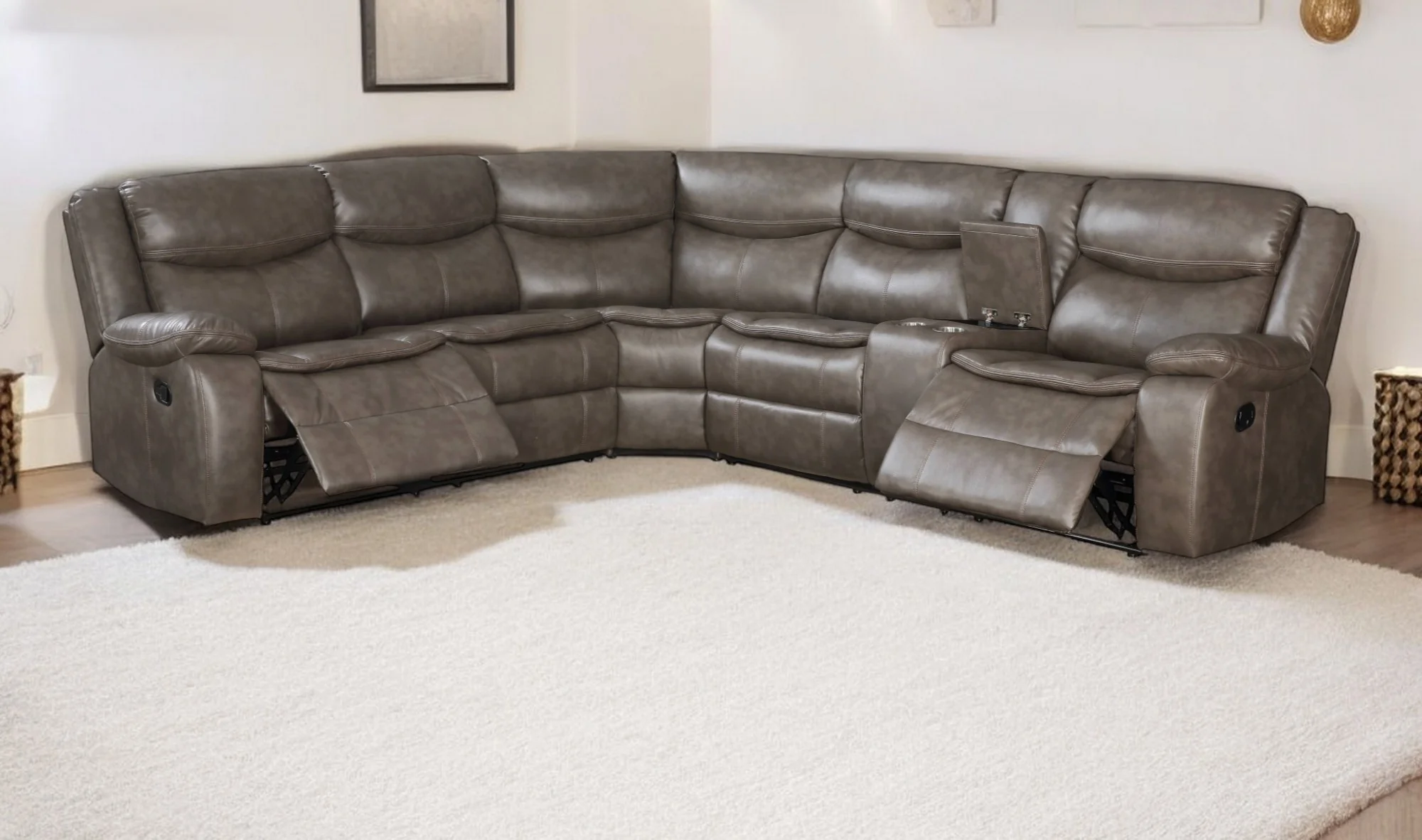Taupe Faux Leather Reclining L Shaped Six Piece Corner Sectional With Console By Homeroots - Image 4