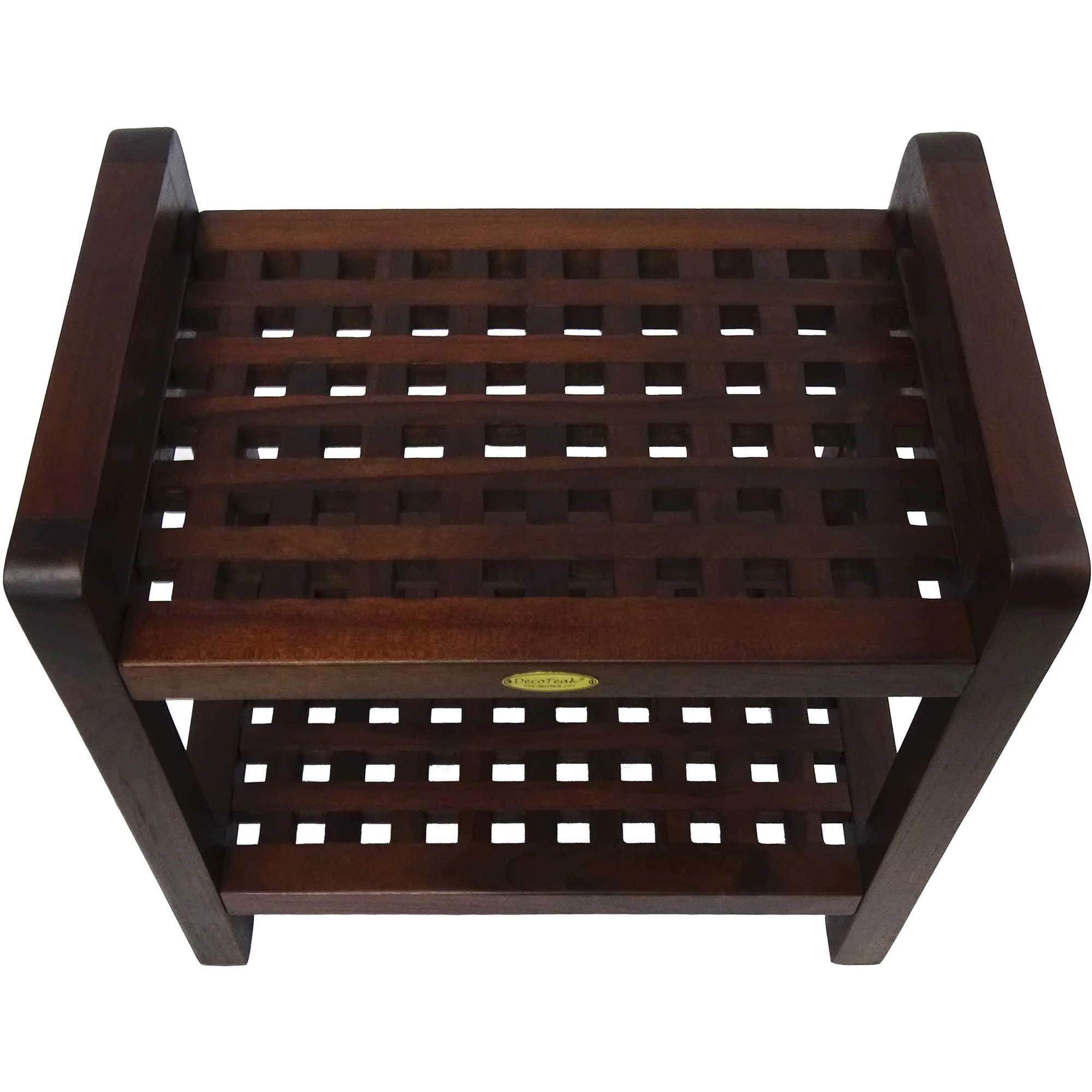 Teak Lattice Pattern Shower Stool with Shelf and Handles in Brown Finish By Homeroots - Image 2