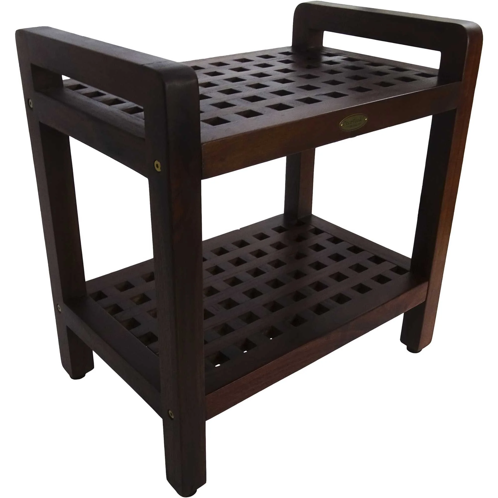 Teak Lattice Pattern Shower Stool with Shelf and Handles in Brown Finish By Homeroots - Image 3