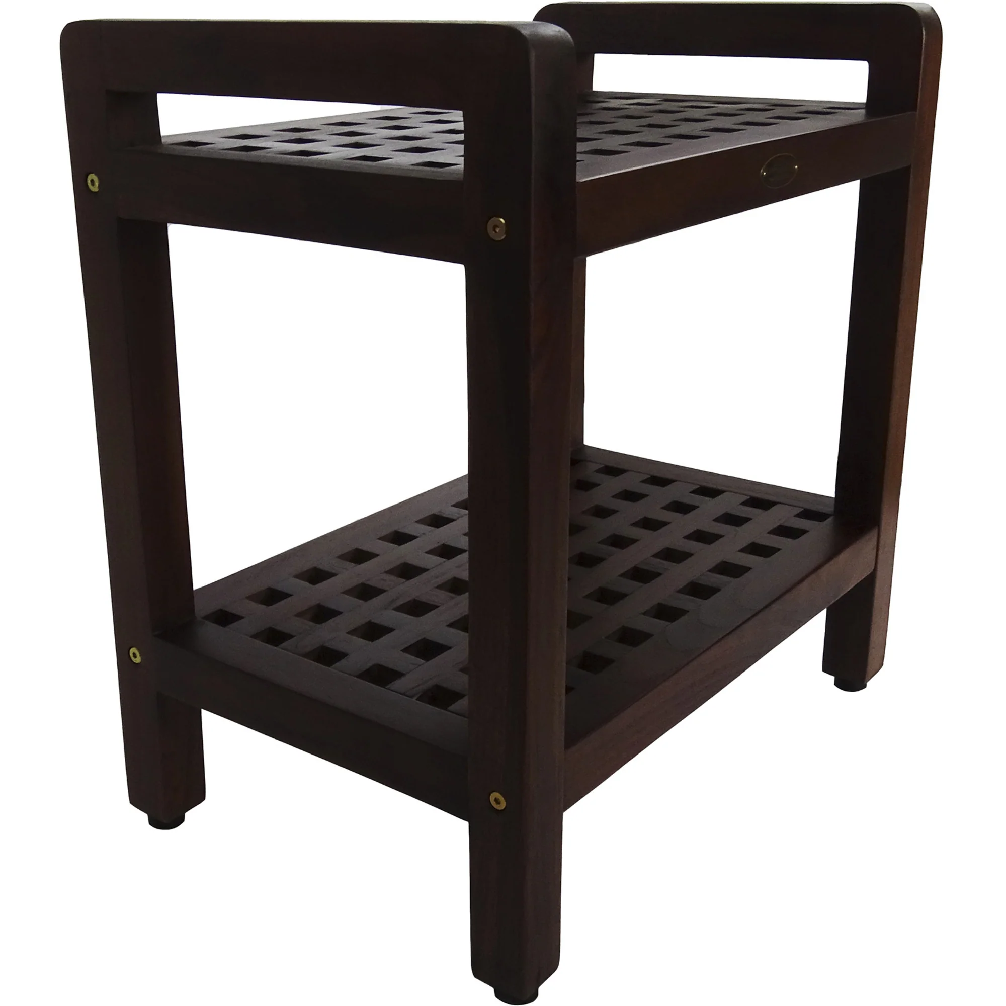 Teak Lattice Pattern Shower Stool with Shelf and Handles in Brown Finish By Homeroots - Image 4