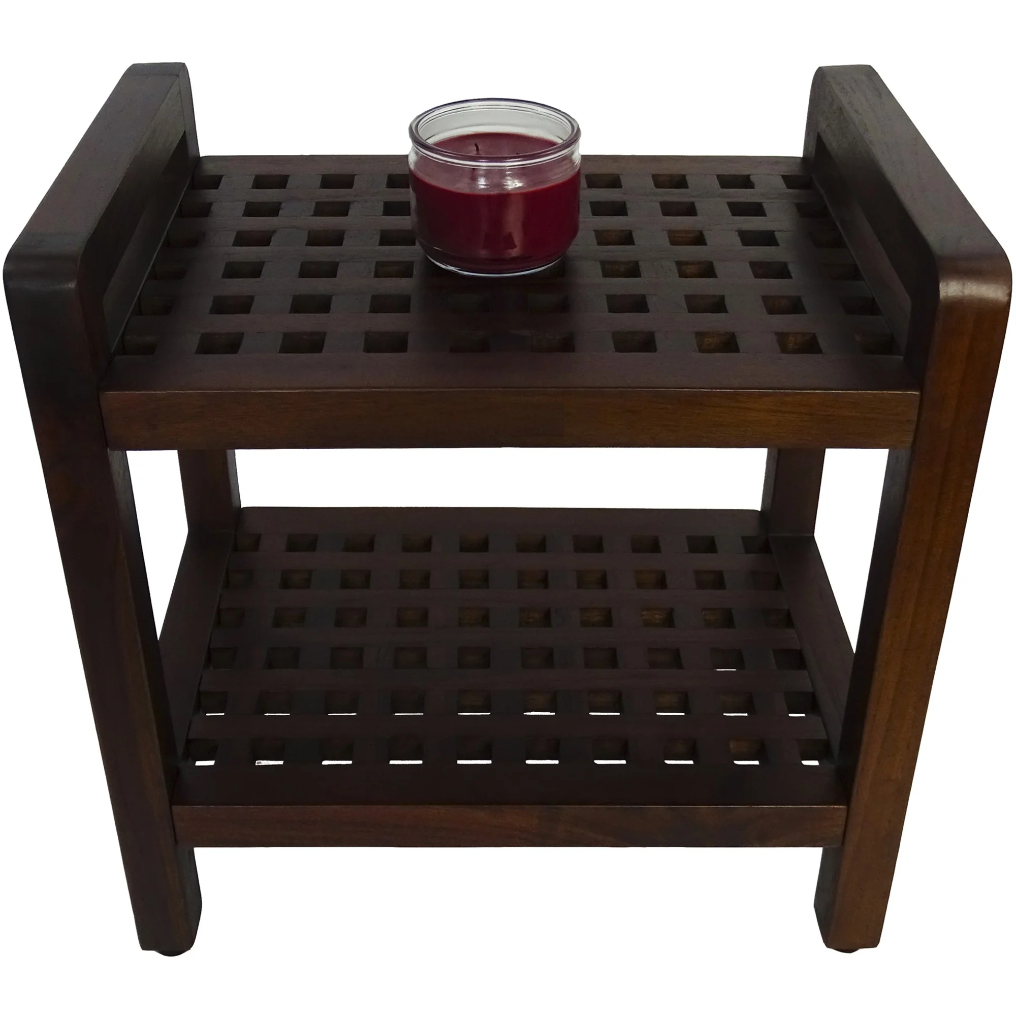 Teak Lattice Pattern Shower Stool with Shelf and Handles in Brown Finish By Homeroots - Image 5