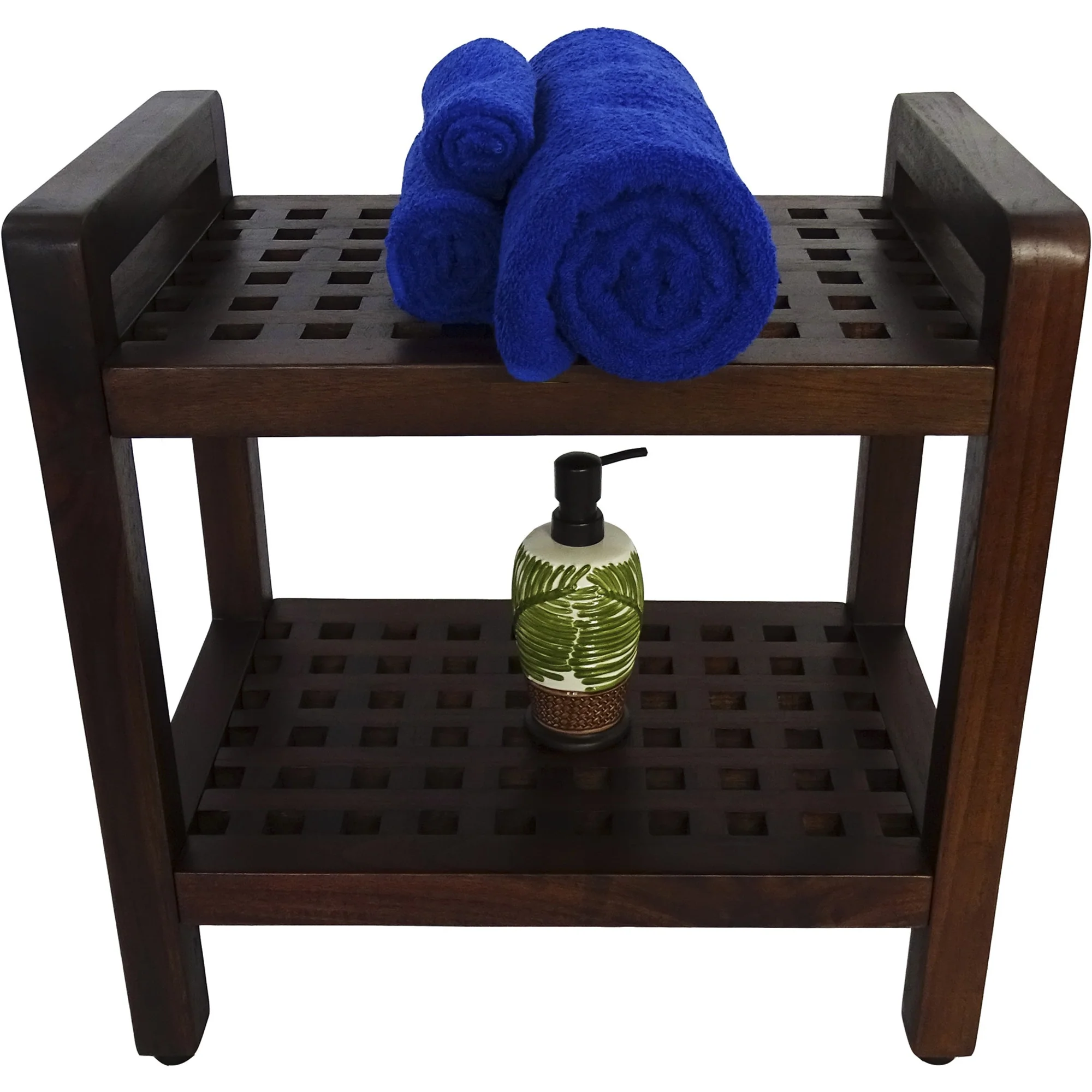 Teak Lattice Pattern Shower Stool with Shelf and Handles in Brown Finish By Homeroots - Image 6