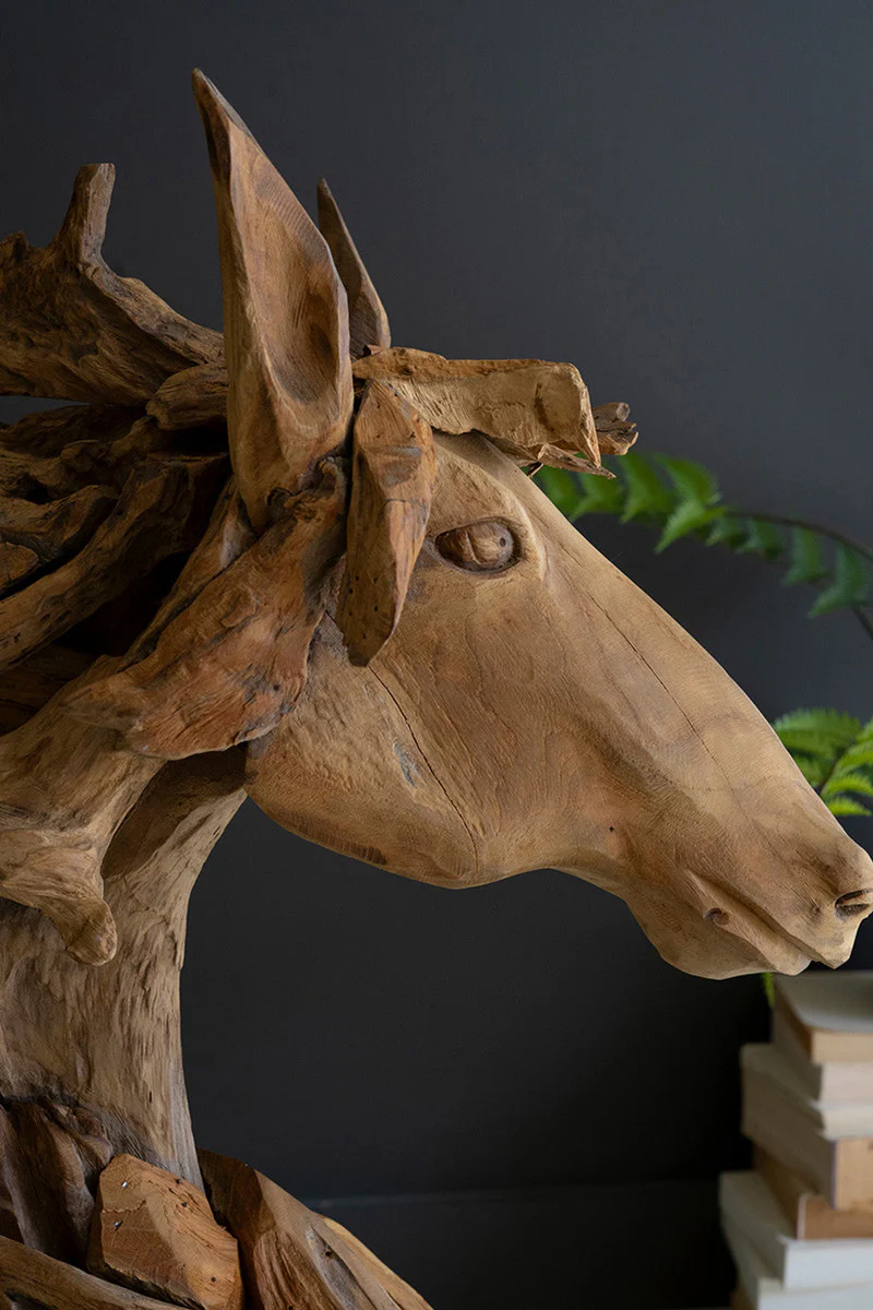 Teakwood Horse Head Sculpture With Iron Base By Kalalou - Image 2