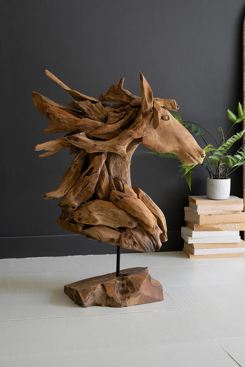 Teakwood Horse Head Sculpture With Iron Base By Kalalou - Image 3