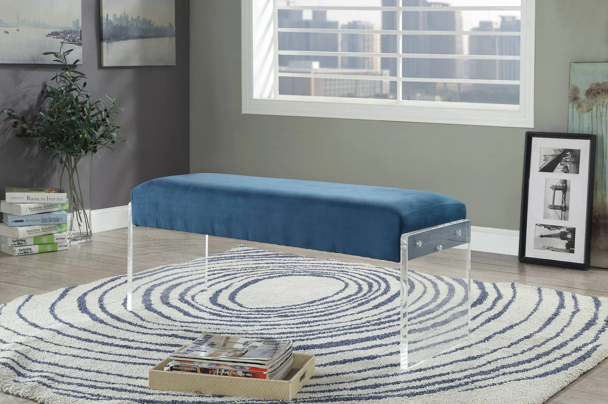 Teal Clear Acrylic Upholstery Bench By Homeroots - Image 2