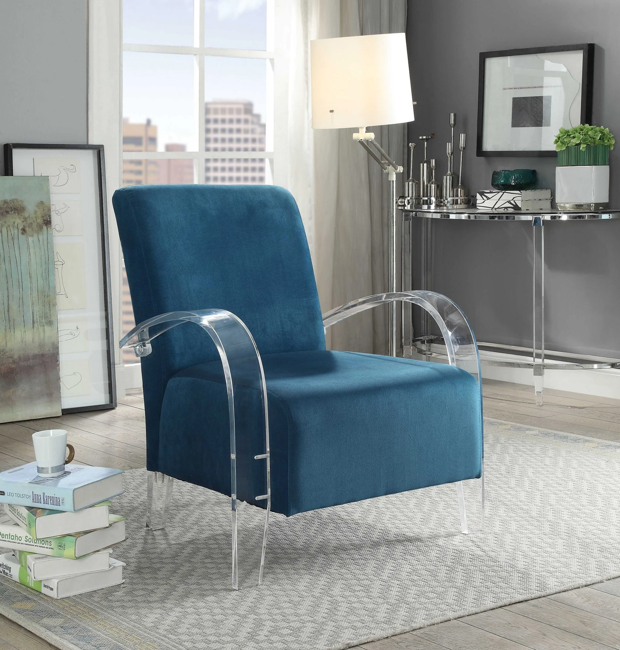 Teal Velvet Clear Arm Accent Chair By Homeroots - Image 2