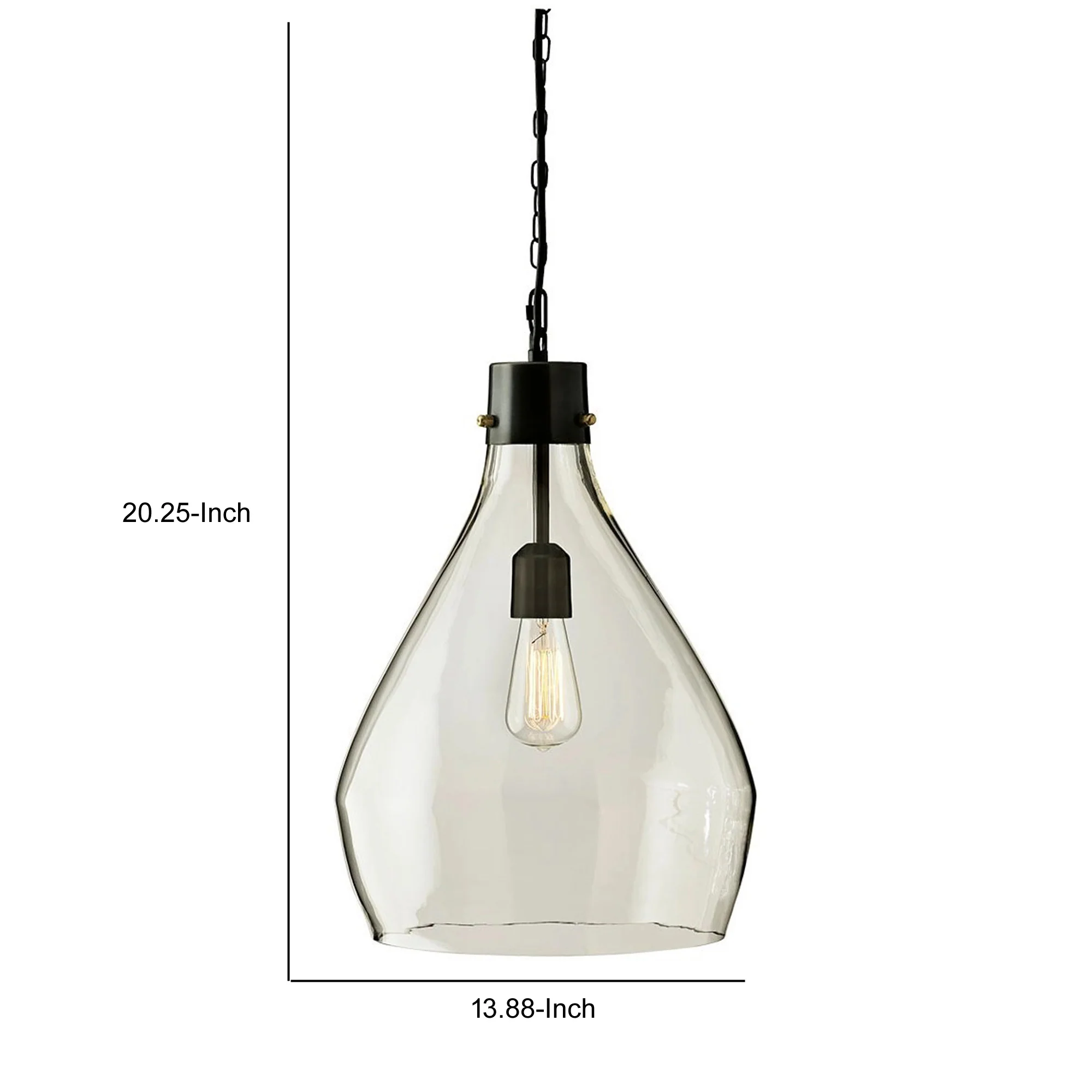Teardrop Glass Pendant Lighting with Metal Chain, Clear and Black By Benzara - Image 4