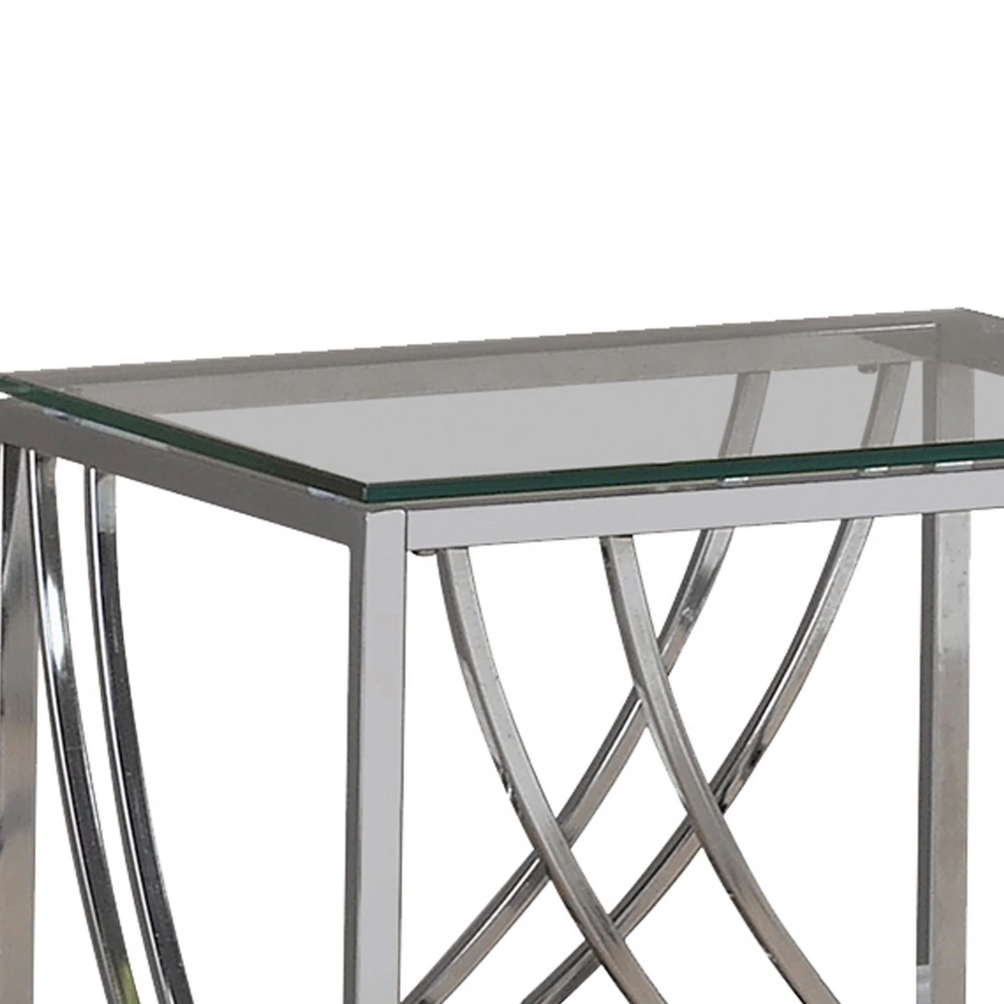 Tempered Glass Top End Table With Metal Tubular Legs, Chrome And Clear By Benzara - Image 2