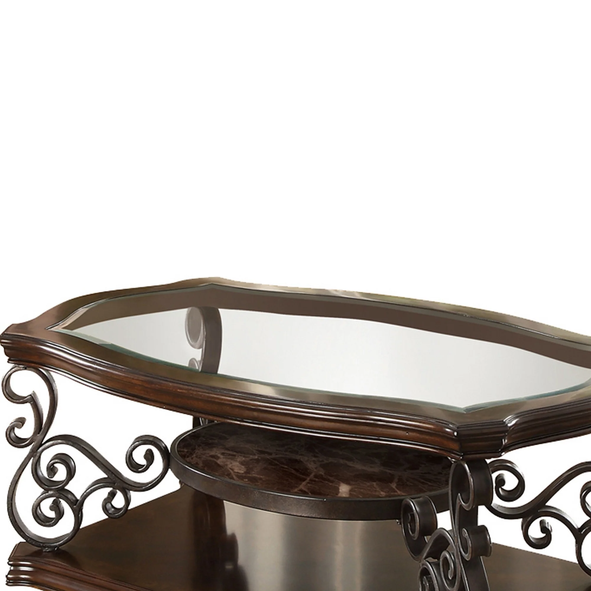 Tempered Glass Top Wooden Coffee Table With Ornate Metal Scrollwork, Brown By Benzara - Image 2