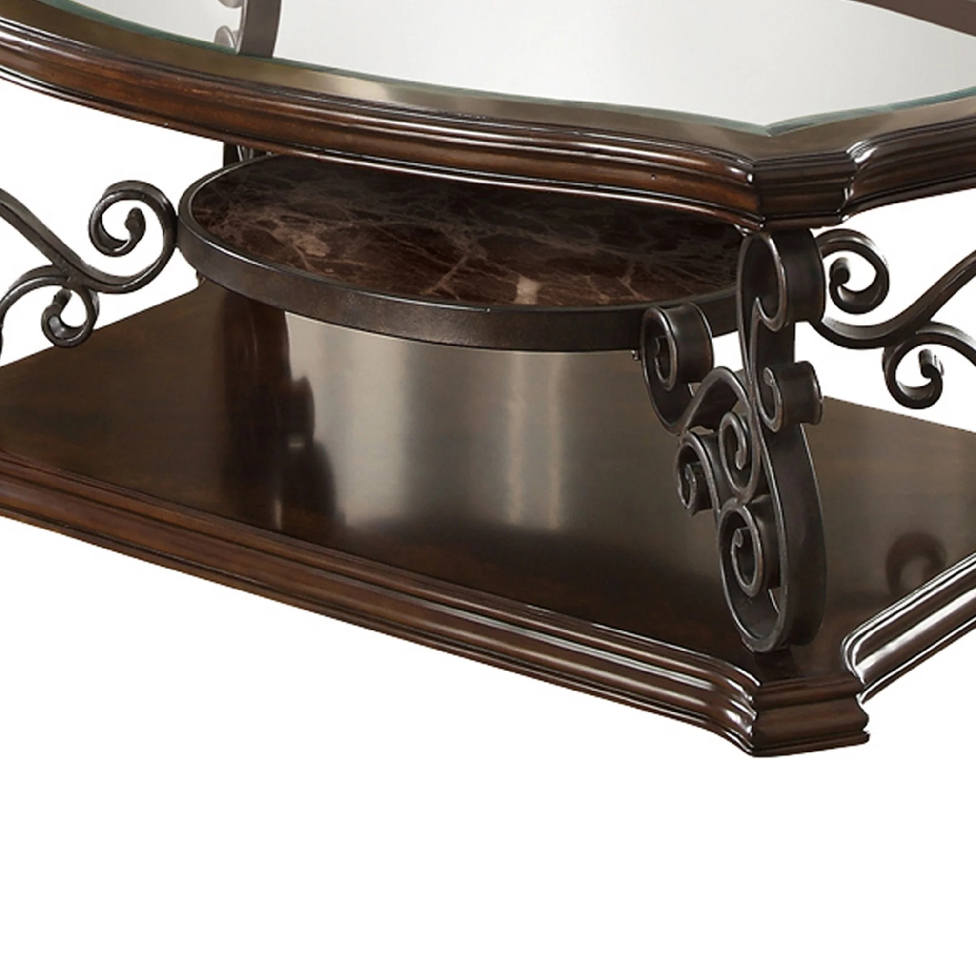 Tempered Glass Top Wooden Coffee Table With Ornate Metal Scrollwork, Brown By Benzara - Image 3