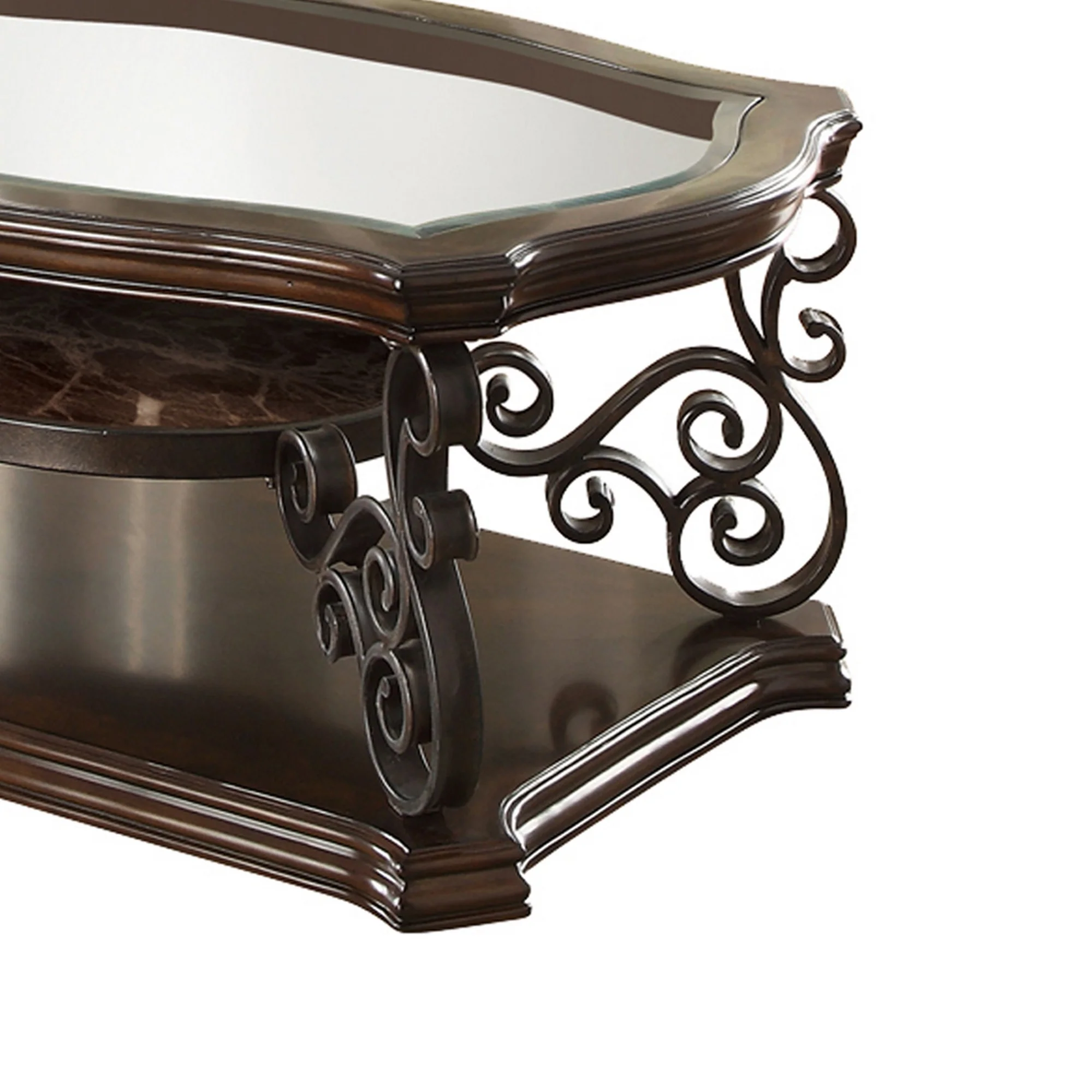 Tempered Glass Top Wooden Coffee Table With Ornate Metal Scrollwork, Brown By Benzara - Image 4