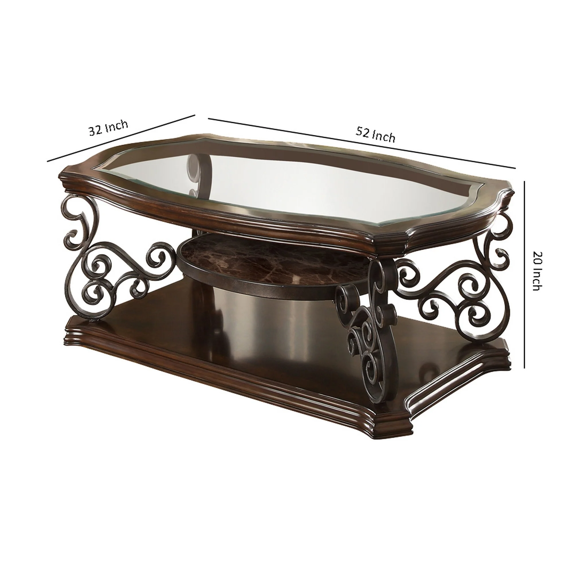 Tempered Glass Top Wooden Coffee Table With Ornate Metal Scrollwork, Brown By Benzara - Image 5