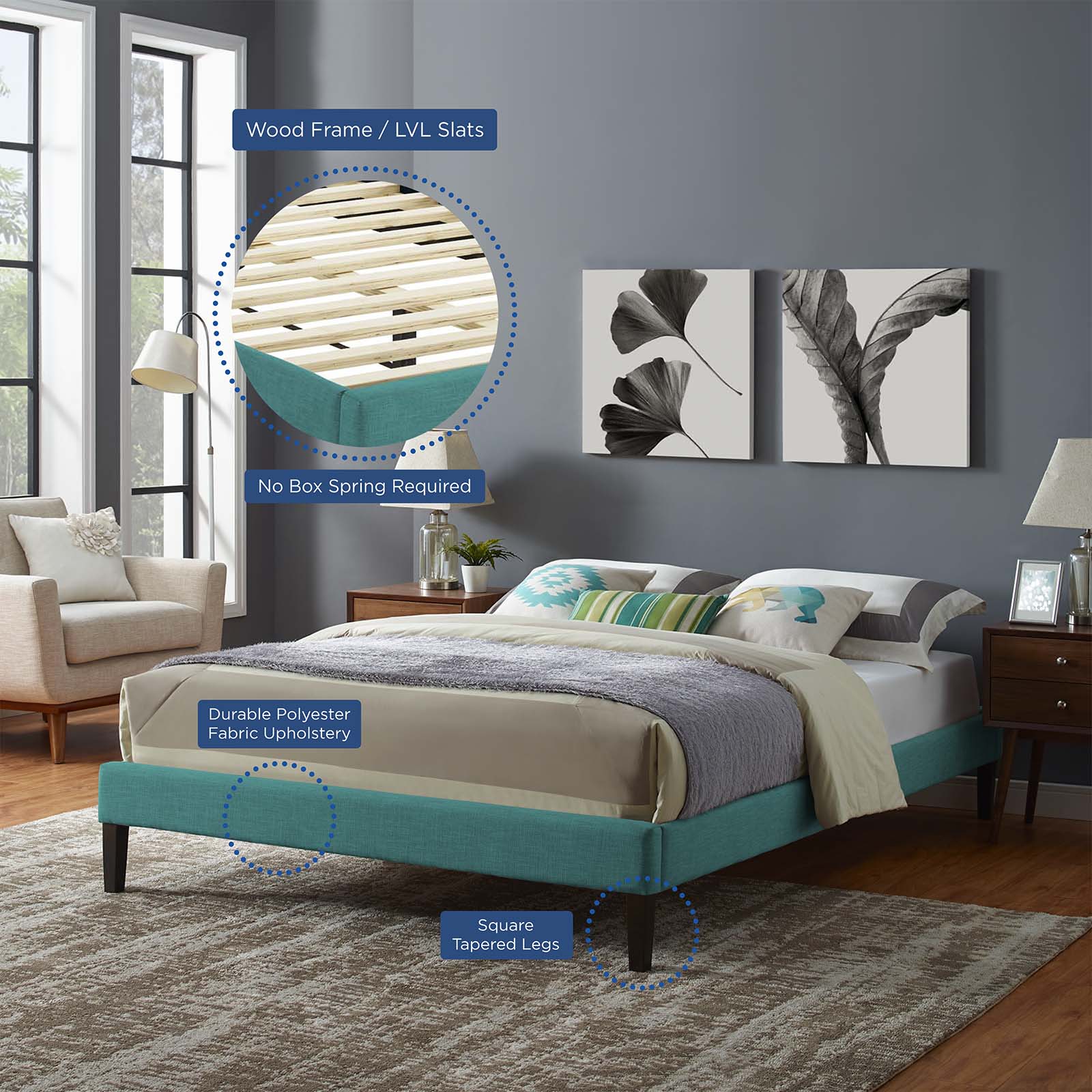 Tessie King Fabric Bed Frame with Squared Tapered Legs By Modway - MOD-5901 - Image 12
