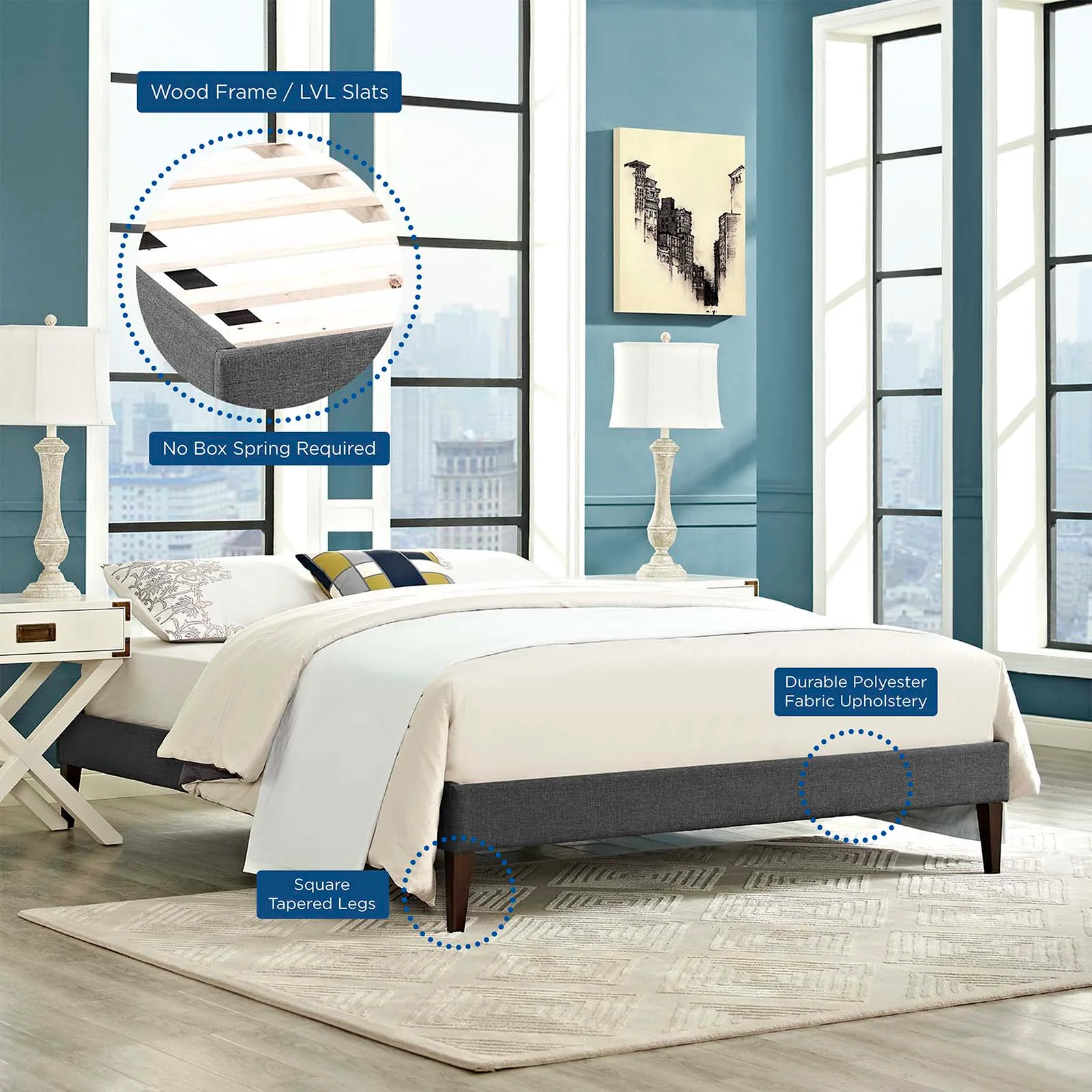 Tessie King Fabric Bed Frame with Squared Tapered Legs By Modway - MOD-5901 - Image 6