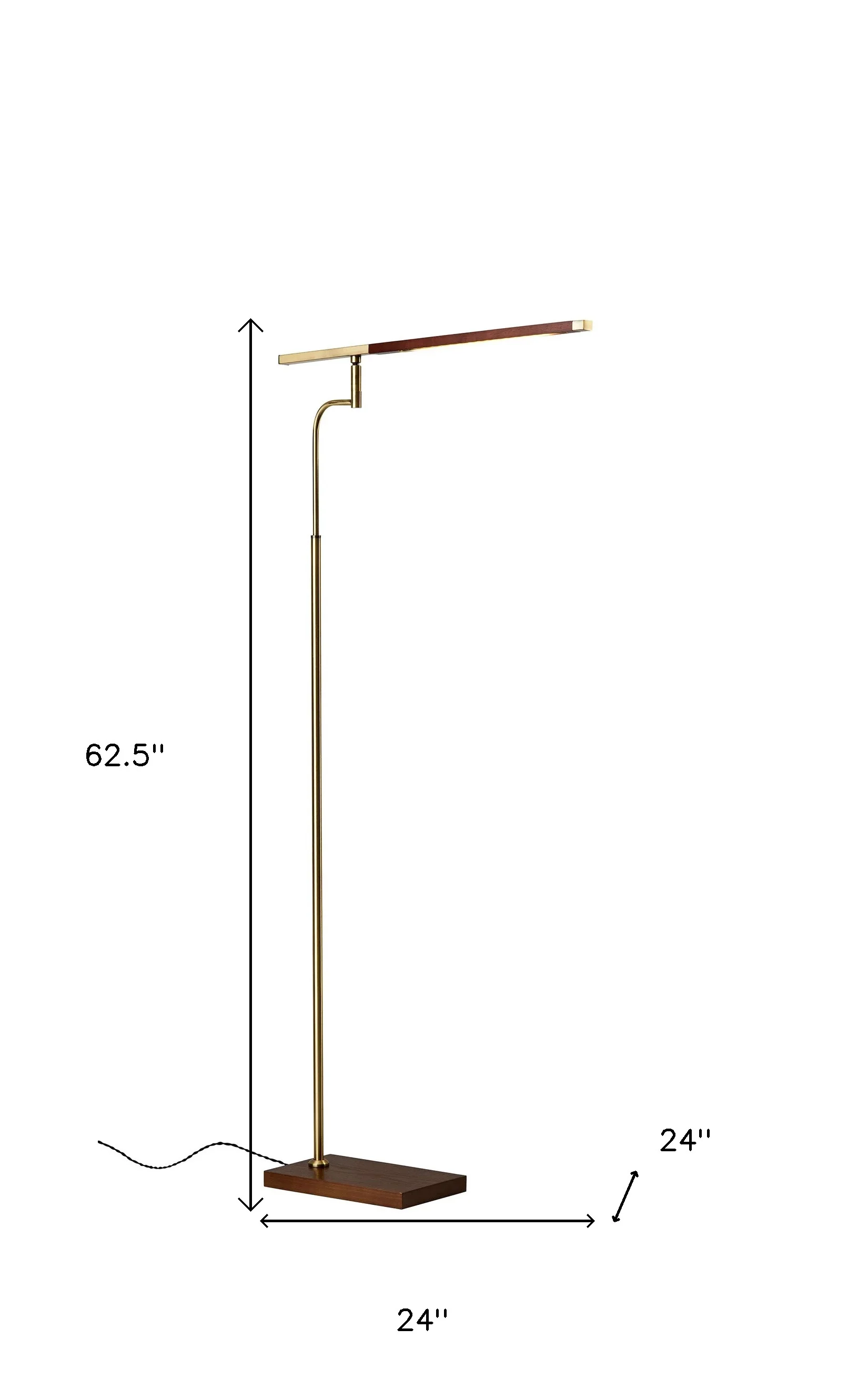 Thin Silhouette Adjustable LED Floor Lamp with Walnut Wood Finish and Antique Brass Accents By Homeroots - Image 2