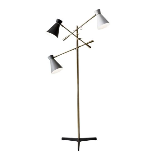 Three Arm Adjustable Floor Lamp in Brass Metal with Grey Black and White Shades By Homeroots - Image 2