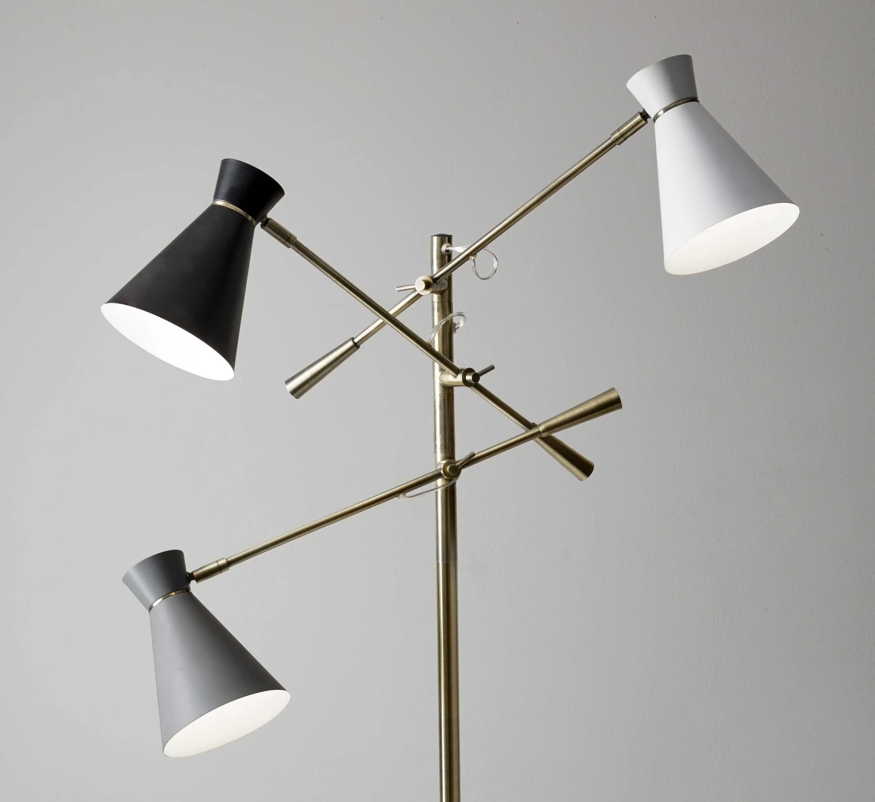 Three Arm Adjustable Floor Lamp in Brass Metal with Grey Black and White Shades By Homeroots - Image 3