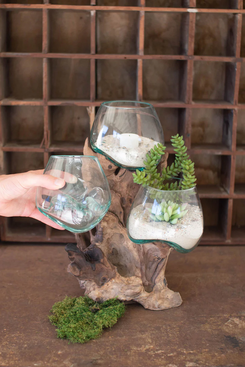 Three Blown Glass Bowls On A Driftwood Base By Kalalou - Image 2