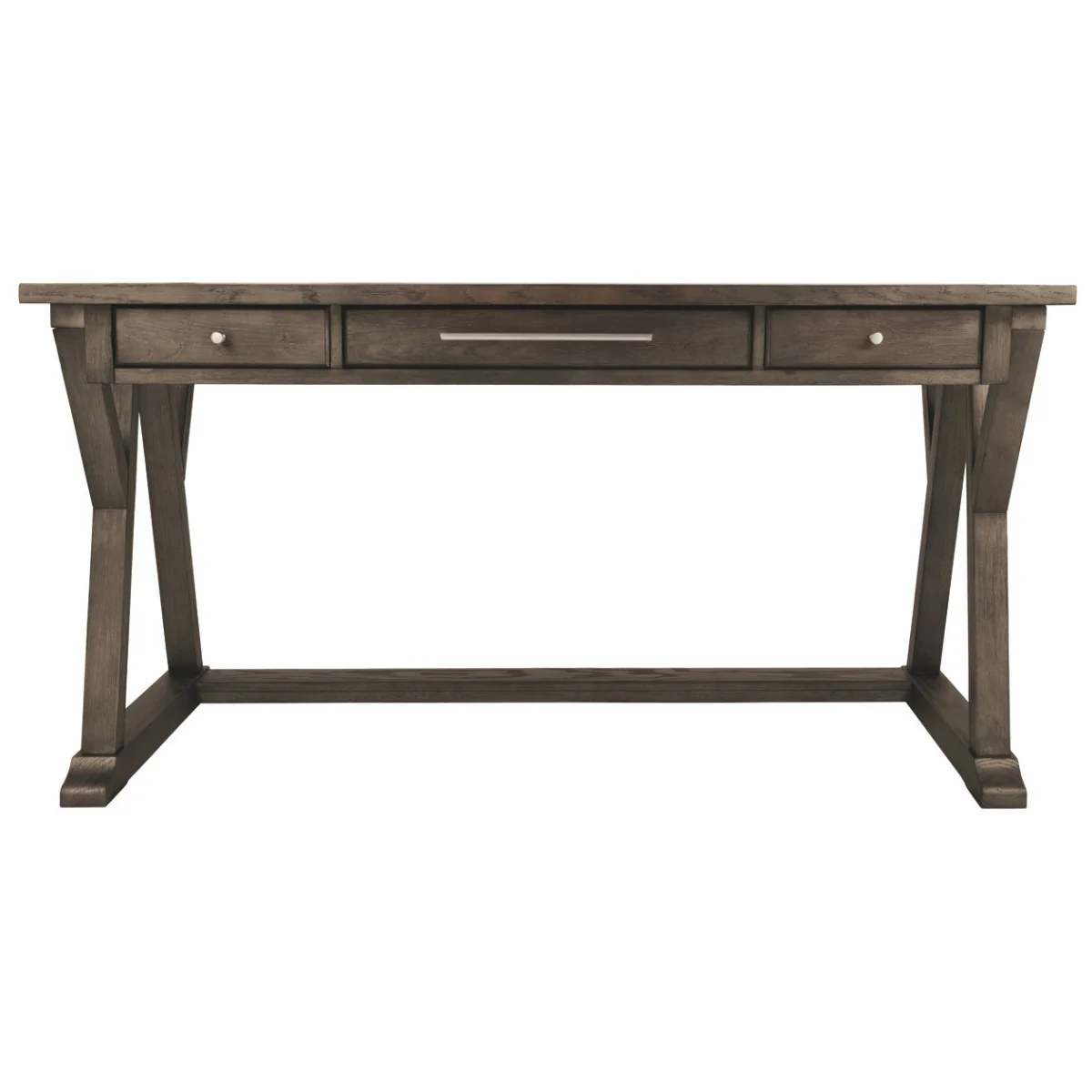 Three Drawer Wooden Desk with Cross Brace Stretcher and Faux Bluestone Top, Gray By Benzara - Image 2