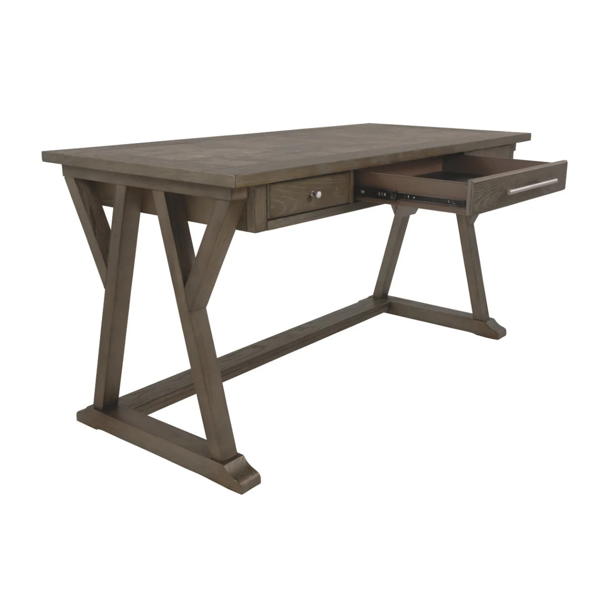 Three Drawer Wooden Desk with Cross Brace Stretcher and Faux Bluestone Top, Gray By Benzara - Image 4