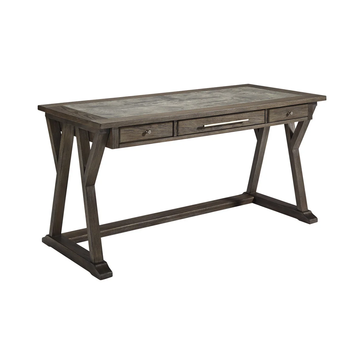 Three Drawer Wooden Desk with Cross Brace Stretcher and Faux Bluestone Top, Gray By Benzara - Image 7
