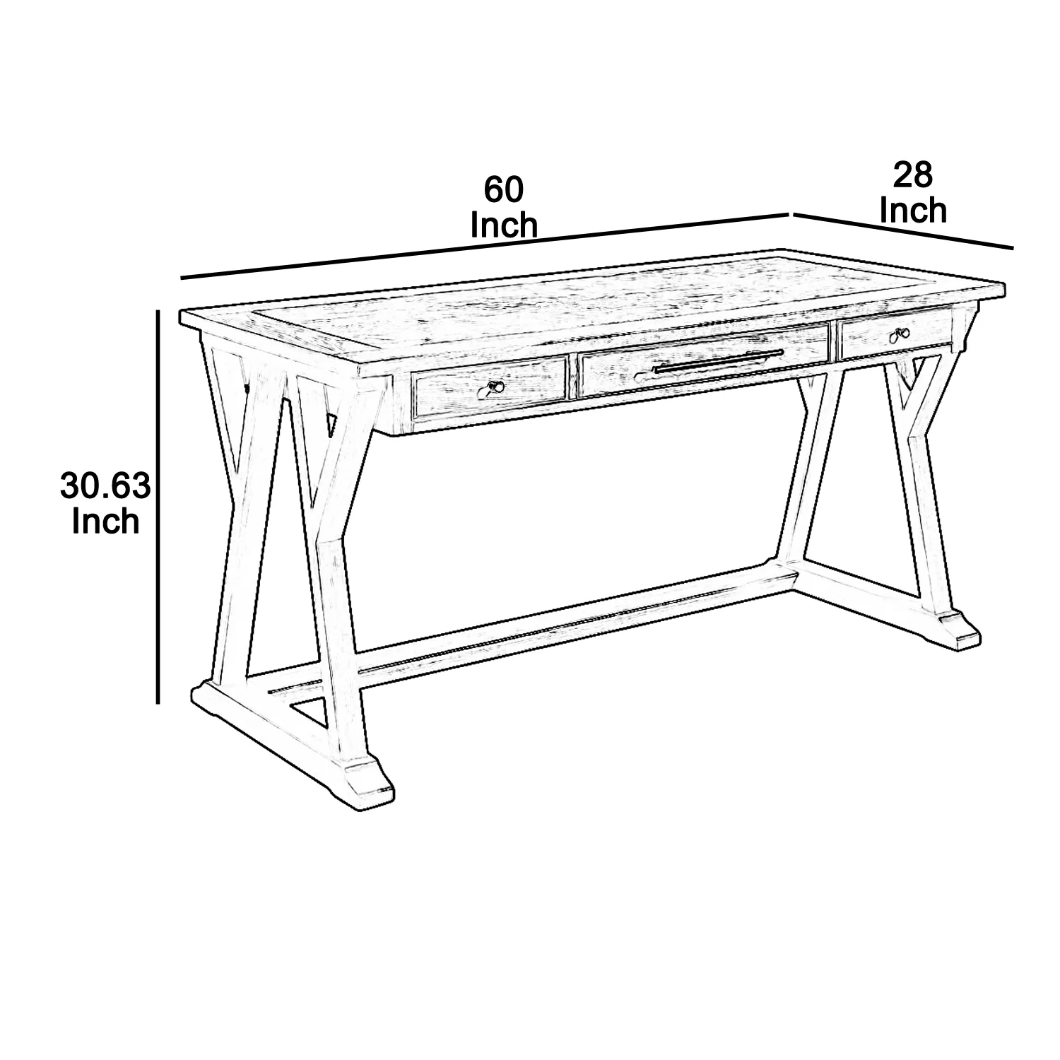 Three Drawer Wooden Desk with Cross Brace Stretcher and Faux Bluestone Top, Gray By Benzara - Image 8
