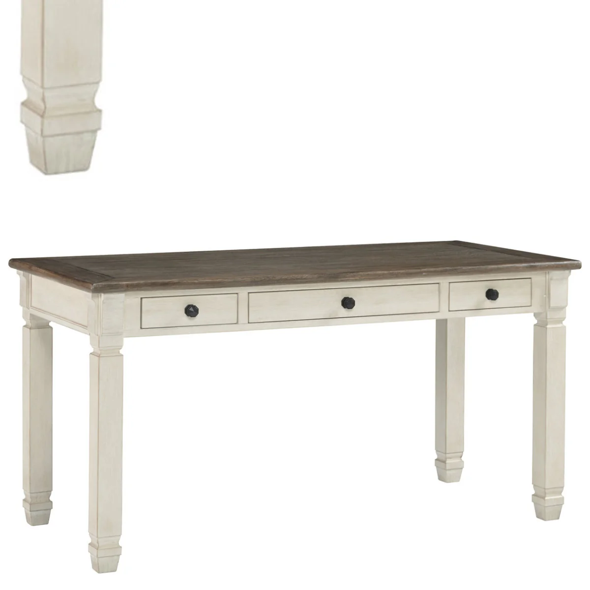 Three Drawer Wooden Desk with Plank Style Top, Brown and White By Benzara - Image 2