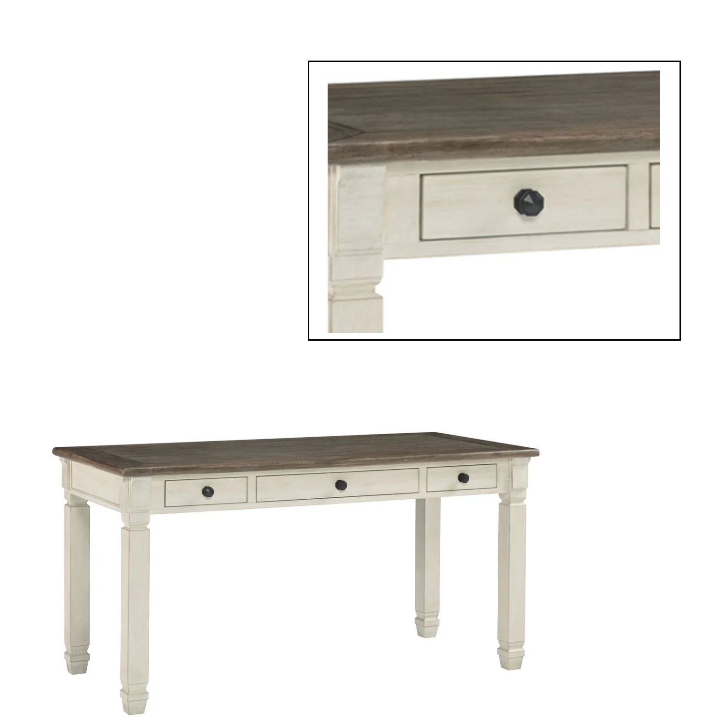Three Drawer Wooden Desk with Plank Style Top, Brown and White By Benzara - Image 7