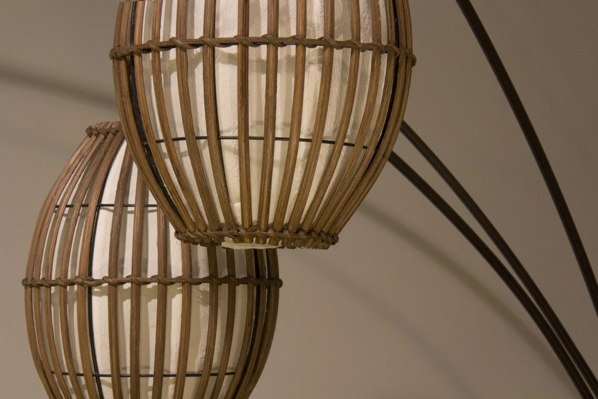Three Light Arc Lamp in Bronze Metal with Brown Cane Barrel Shape Lanterns By Homeroots - Image 2