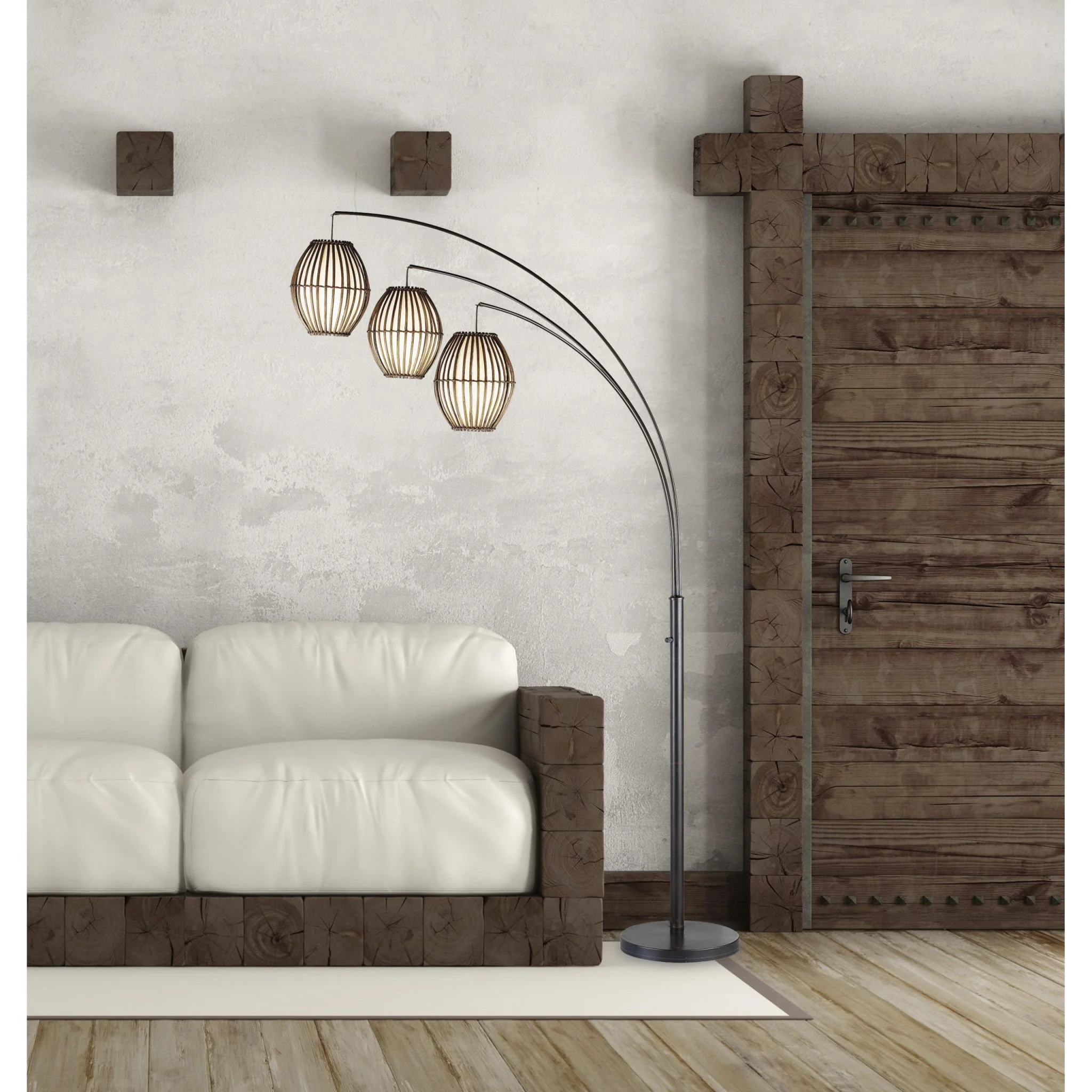 Three Light Arc Lamp in Bronze Metal with Brown Cane Barrel Shape Lanterns By Homeroots - Image 4